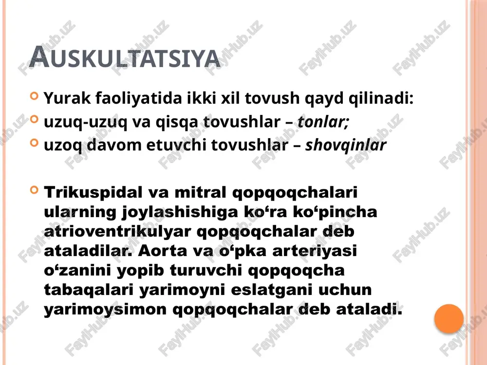 aqiqa o‘tgach, yurak diastolasi vaqtida qorinchalarni qon bilan tez passiv to‘lishi oqibatida yuzaga keladigan tebranishlar natijasi hisoblanadi. ivton qorinchalar diastolasi oxirida yuzaga keladi va bo‘lmachalar qisqarishi hisobiga ularni tezda to‘lishi bilan bog‘liq bo‘ladi. i ton qorinchalar sistolasi vaqtida ularning qisqarishi boshlanadi va qorinchalar ichi bosimi chap bo‘lmachadagi bosimga nisbatan oshadi, natijada mitral qopqoqcha tabaqalari yopiladi. ularning yopilishida yurakning i toni hosil bo‘ladi. ii ton qorincha katta miqdordagi qonni haydab chiqargandan so‘ng undagi bosim pasayib boradi. chap qorinchadagi bosim aortadan so‘ng aorta qopqoqchalari tabaqalari berkiladi. uning natijasida yurakning ii toni yuzaga keladi va navbatdagi qorinchalar diastolasi boshlanadi. yurak i toni xususiyatlari uzoq davom etgan diastolik pauzadan so‘ng sistola vaqtida yuzaga keladi. yurak cho‘qqisi ustida yaxshiroq, uch tavaqali qopqoqchalarni eshitish nuqtasida - birmuncha pastroq eshitiladi (chunonchi, o‘ng qorinchaning sistolik zo‘riqishi chap qorinchaga nisbatan kam). aorta va o‘pka o‘zanini eshitish nuqtalarida, faqat uzatib berilganligi sababli sustroq eshitiladi. eshitilishi bo‘yicha i ton ii tonga …