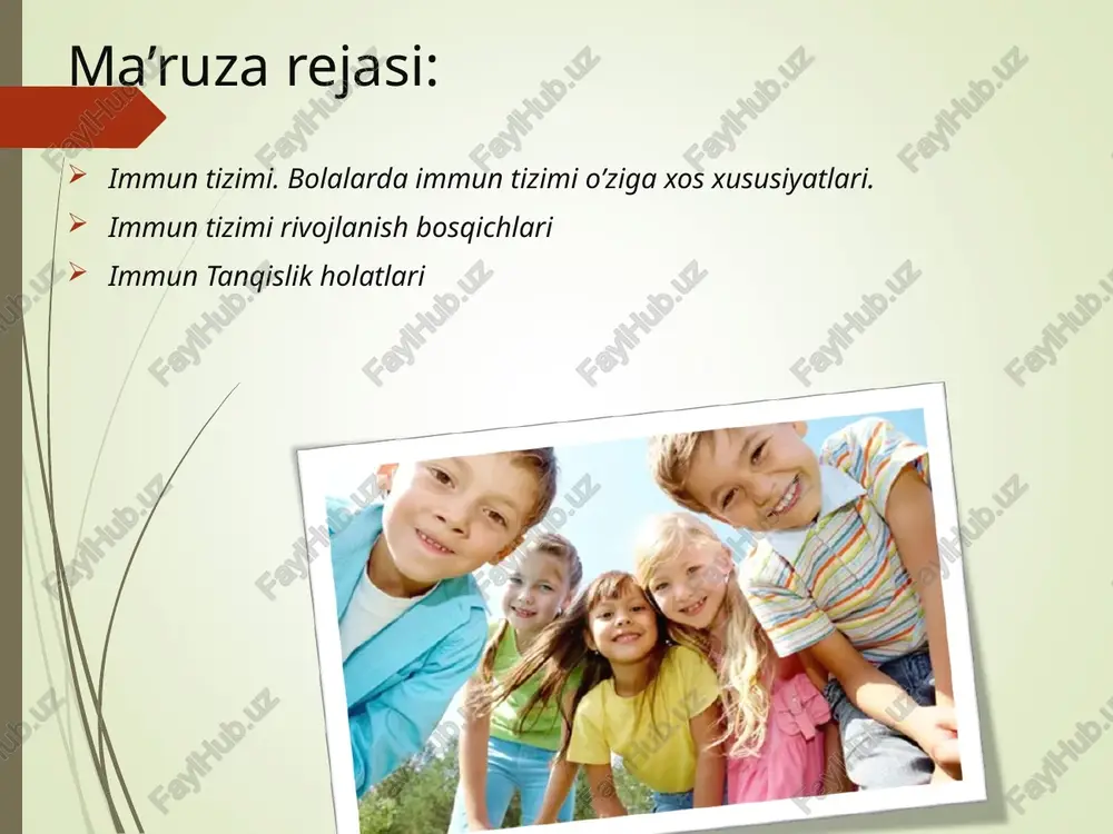 atiga aylanishi. autoallergiya – xususiy autologik to'qima va a'zolarda o'ta sezuvchanlik holatining paydo bo'lishi. autoagressiya – o'z immun sistema effektorlari-ning autologik to'qimalarga nisbatan agressiv holatga o'tishi. immunopatologik jarayonlar rivojlanish mexanizmlari bo'yicha turlari immunopatologik jarayonlar rivojlanish mexanizmlari bo'yicha 3 ta guruh kasalliklar ko'rinishida uchraydi, bular quyidagilar: o'ta sezuvchanlik reaktsiyalari – immunologik sezuvchanligi oshgan organizmda mahalliy allergik reaktsiyalardir. autoimmun kasalliklar – xususiy autologik to'qima va a'zolarning o'z immun tizimi effektorlari tomonidan zararlanishi va kasallanishi. immun tanqisligi holatlari – organizm immun tizimi morfofunktsional holatining irsiy, tug'ma va turtushda orttirilgan etishmasliklaridir. o'ta sezuvchanlik reaktsiyalari - allergiya reagin allergen ige c5 fc semiz hujayra ige fab allergenning 1-marta tushganida allergenning 2-marta tushganida gistamin serotonin o'tkir immun yallig'lanish tomirlarning kengayishi, devorida alterativ o'zgarishlar, o'tkazuvchanligining oshishi, shish, qon quyilishlar va serozli-gemorragik ekssudat paydo bo'lishi. toshmalar toshishi. o'ta sezuvchanlik reaktsiyaning i - mexanizmi o'ta sezuvchanlik reaktsiyalari - allergiya fc nishon hujayra antigen o'tkir immun yallig'lanish tomirlarning kengayishi, devorida …