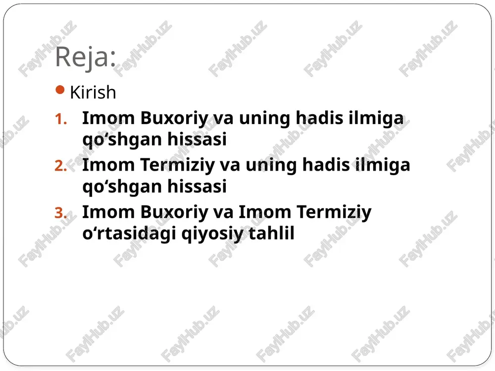a sahih hadislar to‘plami hisoblanadi. imom buxoriy hadislarni to‘plashda juda qat’iylikni ta’minlagan va faqat sahih rivoyatlarga e’tibor qaratgan. uning ishonchli va aniq metodologiyasi, hadislarning sahihligini aniqlashda ishlatilgan qat’iy mezonlar hadis ilmida yangi bosqichni boshlab berdi. imom termiziy (824-892) — islomning mashhur hadis alimi va "sunan at-termiziy" asarining muallifi. u hadislarni to‘plashda va tasniflashda o‘ziga xos yondoshuvlarni qo‘llagan. imom termiziy hadislarni to‘plashda kengroq yondoshuvni qo‘llagan va har bir hadisning to‘g‘riligini tekshirishda ishonchli mezonlar ishlab chiqdi. termiziy nafaqat hadislar to‘plamini yaratdi, balki ularni tasniflash va turli xil ravishda tahlil qilishni taklif etdi. mavzuning dolzarbligi va maqsadi hadis ilmi va uning tarixiy rivojlanishi, xususan, imom buxoriy va imom termiziyning hadis ilmiga qo‘shgan hissalari, islom ilm-fanida va jamiyatida muhim o‘rin tutadi. bu mavzu, ikki buyuk aliming ilmiy merosini solishtirish orqali, hadis ilmining rivojlanishiga qanday ta’sir ko‘rsatganini o‘rganishga imkon beradi. imom buxoriy va imom termiziyning hadislarni to‘plash va tasniflashdagi yondoshuvlari va metodologiyalari bugungi kunda hadis …