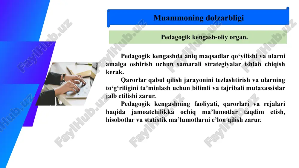 al muhokama qilinadigan, ta’lim muassasasida o‘quv-tarbiya jarayonini rivojlantirish, takomillashtirish, uning faoliyati bilan bog‘liq barcha tashkiliy masalalarni muvofiqlashtirish bo‘yicha doimiy faoliyat yuritadigan oliy organ hisoblanadi. pedagogik kengashning faoliyati jamoatchilik asosida tashkil etiladi. 3 mavzuga oid adabiyotlar tahlili ta’lim boshqaruvi. djuraev r.x, turg‘unov s.t, axmedova n.q - maktab rahbari boshqaruv yo‘nalishida komponentli, innovatsion yondashuvlarga asoslanadigan va zarur pedagogik, psixologik sifatlarga ega bo‘lgan, yuqori darajada o‘zini-o‘zi nazorat qiladigan, shaxslararo va tarbiyaviy munosabatlarni e’tiborga oladigan hamda turli xil muammolarni hal etishda mavjud huqiqiy-me’yoriy mezonlarga asoslangan mutaxassis bo‘lishi zarur. 3 abraxam maslou «motivatsiya i lichnost»- pedagogik kengash maktabda o‘quv jarayonini tashkil etish bo‘yicha professional o‘qituvchilardir. 2 1 rahbar psixologiyasi. narzulla boymurodov - rahbar kengash va maslahatga suyanib ish ko‘rishi zarur. yetakchi ish jarayonida favqulodda vaziyatlar va chigal masalalarga to‘qnash keladi. rahbarning turli ish yo‘nalishlari bo‘yicha maslahatlashishlari kerak. 4 maqsad samarali va aniq maqsadlar asosida qarorlar qabul qilish, ta’lim jarayonlarini yaxshilash va innovatsion yondashuvlarni joriy etish …