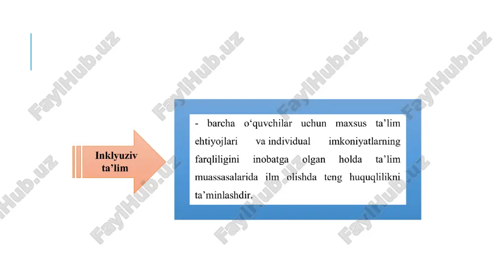 ar tomonlama rivojlanishi, emotsional-irodaviy sohasi, bilish faoliyatini faollashtirish, ijtimoiy koʻnikma va salohiyatini shakllantirish uchun shart-sharoitlar yaratish;  alohida ta’lim ehtiyojlari boʻlgan bolalarni tarbiyalayotgan oilalarga maslahat yordami berish hamda ota-onalarni farzandlariga ta’lim-tarbiya berish, pedagogik texnologiyalar, ta’lim-tarbiya metod va vositalarini qoʻllash sohasida xabardorlik darajasini oshirish, ularni psixologikpedagogik jihatdan qoʻllab-quvvatlash. alohida ta’limga ehtiyoji bo‘lgan bolalar inklyuziv ta’limini yanada takomillashtirish uchun o‘zbekiston respublikasi prezidentining “alohida ta’lim ehtiyojlari bo‘lgan bolalarga ta’lim-tarbiya berish tizimini yanada takomillashtirish chora-tadbirlari to‘g‘risida” 2020-yil 13-oktabrdagi pq-4860-son qarori qabul qilindi. qarorda inklyuziv ta’limning barcha subyektlari uchun psixologikpedagogik va ijtimoiy rivojlantirishga yo‘naltirilgan texnologiyalarni ishlab chiqish va takomillashtirib borish hamda inklyuziv sharoitlarda ta’lim oluvchilar uchun psixologik-pedagogik qo‘llab-quvvatlash ishlarini tashkil qilish vazifalari yuklatilgan. inklyuziv taʼlim — davlat siyosati boʻlib, nogiron va sogʻlom bolalar oʻrtasidagi toʻsiqlarni bartaraf etish, maxsus taʼlimga muhtoj bolalar, (ayrim sabablarga koʻra nogiron boʻlgan) oʻsmirlar rivojlanishda uchraydigan nuqsonlar yoki iqtisodiy qiyinchiliklardan qatʼiy nazar ijtimoiy hayotga moslashtirishga yoʻnaltirilgan umumtaʼlim jarayoniga qoʻshishni ifodalovchi taʼlim tizimidir …
