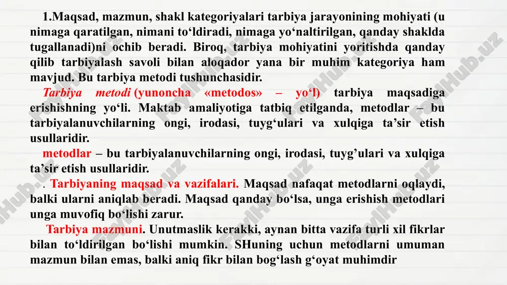 nli yo‘llar – metodlarga aylanishi mumkin. tarbiya metod va usullarini bilish, ularni to‘g‘ri qo‘llay olishni egallash – bu pedagogik mahorat darajasini belgilovchi muhim tavsiflardan biri. tarbiya metod va usullarining aloqadorligi ana shunda. 3.tarbiyalanuvchilarga ta’sir etishi natijalariga ko‘ra metodlarni ikki guruhga bo‘lish mumkin: axloqiy me’yorlar, motivlarni hosil qilishga, tasavvur, tushuncha, g‘oyalarni shakllantirishga ta’sir etuvchi. 2. xulq-atvorning u yoki bu turini aniqlaydigan odatlarni hosil qilishga ta’sir etuvchi. metodlar tarbiyaning maqsad va mazmuniga bogʻliq boʻladi. tarbiya metodlari barkamol shaxs fazilatlarini tarkib toptirishga qaratilgan boʻladi. shuning uchun tarbiyalanuvchilarning rivojlanganlik darajasini hisobga olish tarbiya metodlaridan samarali foydalanishning muhim shartlari hisoblanadi. 4.ta’lim tarixida va pedagogik nazariyalarda antik davrdan boshlab, u yoki bu alloma, pedagog nomi va ijodi bilan bog‘liq bo‘lgan tarbiyaning umumiy konsepsiyalari shakllangan. bularga: platonning ijtimoiy pedagogik utopiyasi, ya.a. komenskiyning umumiy tarbiya to‘g‘risidagi ta’limoti, j.j.russoning erkin tarbiya ta’limoti, i. gerbart, k.d. ushinskiy, dj. dyui, a.s. makarenkolarning pedagogik tizimlari misol bo‘la oladi. nemis mutaxassisi f. v. …