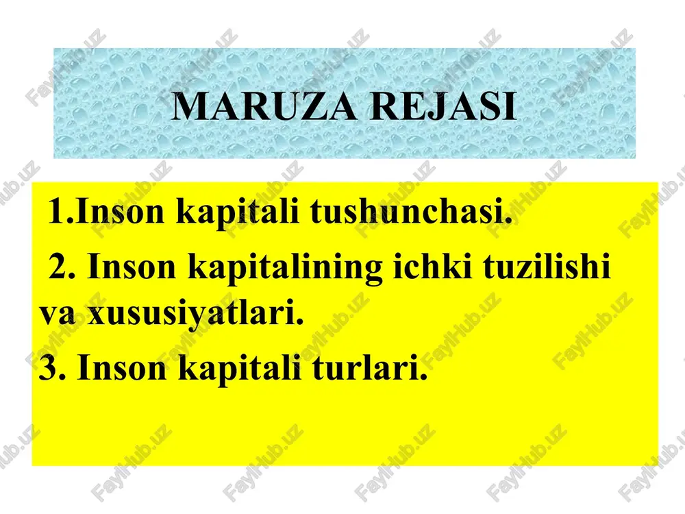 ni ro`yyobga chiqarishi evaziga kelajakda olishi mumkin bo`lgan individual daromadlaridir. inson kapitalining tayanch asosi nima? odamlarning shaxsiy qobiliyatlarini inson kapitaliga aylanish jarayoni (yoxud biologik insonning iqtisodiy insonga aylanish bosqichlari) ichki qobiliyat tabiiy qobiliyat ishchi kuchi mehnat i n s o n q o b i l i y a t l a r i o`z qobiliyat-larini shakllanti-rishga qaratilgan shaxsning faoliyat turlari inson qobiliyatlar jamg’arma-sining turlari (mahsuldor) inson qobiliyatlarini ayirboshlash shakllari (tovar) i n s o n k a p i t a l i tashqi qobiliyat ijtimoiy qobiliyat tadbirkor- lik qobiliyati inson qobiliyatlarini daromad keltirish manbalari (kapital) tadbir-korlik 2-savol inson kapitalining ichki tuzilishi va xususiyatlari insoniy fazilatlar kelajagda o`z egasiga daromad keltirish imkoniyatini beradigan, ijtimoiy-iqtisodiy ahamiyatga molik bo`lgan, odamlarning shaxsiy bilim xazinasi, ko`nikma ko`lami, malaka darajasi va qobiliyatlar zaxirasi(jamg’armasi) inson kapitali tabiiy inson kapitali ijtimoiy inson kapitali ta`lim,tarbiya va ilmga asoslangan, komil inson fazilatlarini shakllantirishga qaratilgan shaxsning ichki faoliyati amaliy …