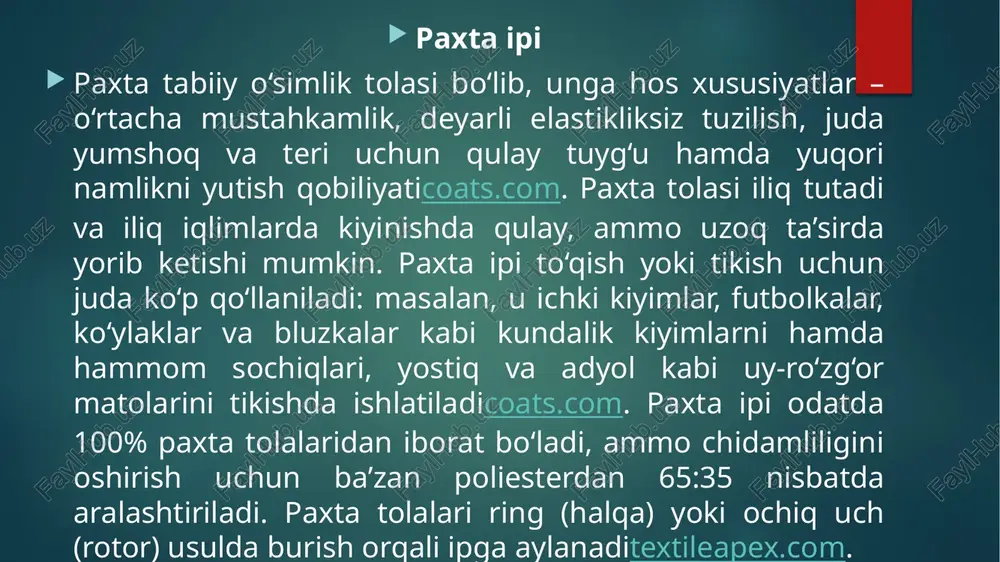 uning mustahkamligi yuqori, ammo ho‘llanganda kuchi taxminan 20% ga kamayishi mumkincoats.com. elastikligi o‘rtacha-yomon (cho‘zilgach orqaga tez qaytmaydi)coats.com. shuningdek, ipak tolasi ba’zi darajada namlikni shimadi (taxminan 11% gacha)coats.com. ipak ipi nozik va hashamatli kiyimlar tikishda qo‘llaniladi: masalan, galstuk (ties), ko‘ylak, kechki liboslar, ichki kiyimlar va yozgi shamollatishli sharflar uchun juda maqbulcoats.com. ipak tolasi protein asosli bo‘lib, engil bo‘lgani uchun yozda ham qulaydir. mustahkamlik: baland (ba’zan 20% kamayadi ho‘llanganda)coats.com elastiklik: o‘rtacha-yomon (tuzilgan holatda qolib ketishi mumkin)coats.com yumshoqlik: juda yumshoq va silliqcoats.com yaltirash: yuqori (juda yorqin va shimildoq)coats.com namlikni yutish: o‘rtacha (namlikni bir oz yutadi)coats.com qo‘llanish: galstuk, bluzka, kechki libos, ichki kiyim, yozgi sharf va uy bezaklari tikishda keng ishlatiladicoats.com jun ipi jun (qo‘y junlari) tabiiy hayvon tolasi bo‘lib, uning ipi iliqlikni yaxshi saqlaydi. jun ipi tolalari bukrilik (shumchasimon faktura) bilan ajralib, yengil elastik qatlamlarga egacoats.com. bu ip suvni juda yaxshi shimadi (gigroskopik) va harorat o‘zgarishlarida ham iliq tutadi. engil material bo‘lgani uchun …