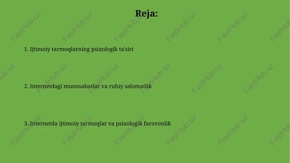 ing 70% da o'z-o'zini hurmat qilish darajasi yuqoriroq bo'lgan. jahon sog'liqni saqlash tashkilotining ma'lumotlariga ko'ra, muntazam ravishda ijtimoiy tarmoqlarda ijobiy muloqot qiluvchi odamlarda depressiya xavfi 20% ga past bo'ladi. o'z joniga qasd qilish xavfi 2019-yilda aqshda o'z joniga qasd qilish hollari soni 47 000 dan oshgan bo'lib, ijtimoiy tarmoqlardagi kiberbezorilik va siyosiy qarama-qarshiliklarning ta'siri sezilarli darajada kuchaygan. jahon sog'liqni saqlash tashkiloti ma'lumotlariga ko'ra, dunyo bo'yicha har yili 800 000 dan ortiq odam o'z joniga qasd qiladi, bu esa ijtimoiy tarmoqlardagi salbiy ta'sirlarning global miqyosdagi muammo ekanligidan dalolat beradi. o'z-o'zini hurmat qilish 2022 yilda o'tkazilgan milliy so'rovnoma natijalariga ko'ra, samarqand viloyatida 30% aholi o'z-o'zini hurmat qilish masalasida muammolarga duch kelmoqda, bu internetdagi salbiy ta'sirlar bilan bog'liq. o'zbekistonning qishloq hududlarida yashovchi 500 nafar respondent orasida o'tkazilgan tadqiqot, o'z-o'zini hurmat qilishning pastligi bilan internetga kamroq kirish o'rtasida teskari bog'liqlikni aniqladi. sog'lom internet foydalanish strategiyasi internetdagi salbiy ma'lumotlar va zo'ravonlik sahnasidan himoya qilish uchun, …