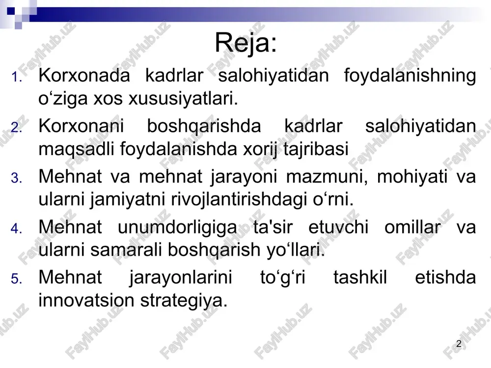 iy qilish doirasini kengaytirish, mehnatni tashkil etishga doir masalalarni bir-biridan ajratmagan holda hal etish kabilar kiradi. ko‘pgina ishlab chiqarish va xizmat ko‘rsatish korxonalarining tajribasi shuni ko‘rsatadiki, ilg‘or tajribani o‘rganish, umumlashtirish, joriy qilish va yoyish uch davrga bo‘lib amalga oshirilgani ma’qul. bu davrlar: 1) ilg‘or tajribani har tomonlama o‘rganish; 2) ilg‘or tajribani umumlashtirish, uni joriy qilishning tashkiliy-texnik tadbirlarini ishlab chiqish hamda zarur tayyorgarlik va tashkiliy ishlarni olib borish; 3) ilg‘or tajribani amaliyotga joriy qilishdan iborat. ilg‘or tajribani kompleks o‘rganishdan iborat bo‘lgan birinchi davrda, avvalo, o‘rganish obyekti tanlanadi, so‘ngra ketma-ket mehnatning ilg‘or usul va uslublari tahlil qilinadi, samarali mehnat jarayoni, yangi ish joylarini tashkil etish loyihalashtiriladi. ilg‘or tajribani muvaffaqiyatli o‘rganish uchun, avvalo, o‘rganilayotgan korxonadagi eng muhim va hal qiluvchi uchastka va ishchi kasbi aniqlanadi. bu joylarda mehnat usullarining yaxshilanishi natijasida guruh, uchastka va butun korxonada mehnat unumdorligining xiyla oshirilishi ko‘zda tutiladi. ilg‘or tajriba umumlashtiriladigan ikkinchi davrda ilg‘or tajribani joriy qilishni ta’min etadigan …