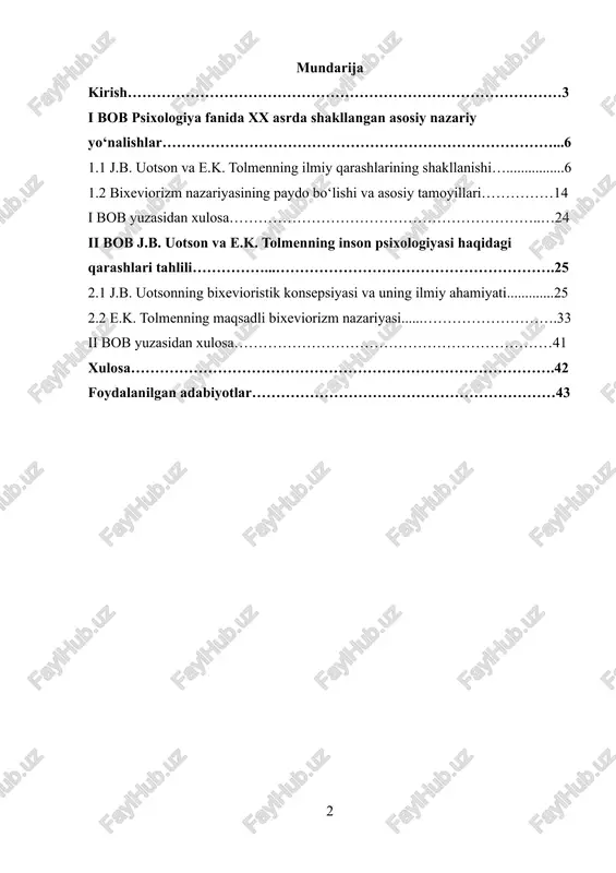 olmen bu nazariyani yanada takomillashtirib, “maqsadli bixeviorizm” (purposive behaviorism) konsepsiyasini ilgari surdi. tolmen inson va hayvon xulqida kognitiv (bilish) omillar, ya’ni xarita, niyat, kutish kabi ichki jarayonlarning ham ahamiyatini asoslab berdi. bu yondashuv keyinchalik kognitiv psixologiya shakllanishiga zamin yaratdi. bugungi kunda inson xulqini o‘rganishda uotson va tolmen qarashlarining dolzarbligi shundaki, ularning g‘oyalari: • insonning motivatsiyasi, maqsadga yo‘naltirilgan xulqi, va o‘rganish jarayonlarini ilmiy asosda tahlil qilish imkonini beradi; • zamonaviy pedagogika, marketing, psixoterapiya, sun’iy intellekt va neyropsixologiya kabi sohalarda qo‘llanilmoqda; • inson faoliyatini tushunishda tashqi omillar bilan ichki kognitiv jarayonlar o‘zaro bog‘liqligini ko‘rsatadi. shu nuqtai nazardan, j.b. uotson va e.k. tolmenning insonga oid nazariy qarashlarini tahlil qilish nafaqat tarixiy, balki amaliy va ilmiy ahamiyatga ham ega. ularning yondashuvlari zamonaviy psixologiya fanining shakllanishiga katta ta’sir ko‘rsatgan bo‘lib, bugungi kunda ham inson xulqini boshqarish, o‘rganish va moslashish jarayonlarini tahlil qilishda muhim nazariy asos bo‘lib xizmat qilmoqda. kurs ishining maqsadi: j.b. uotson va e.k. …