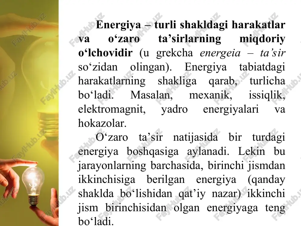 tadan yer sathidan hisoblangan h2 balandlikdagi c nuqtaga o‘tishda jismning ko‘chishi h1 = h – h2 ga teng (3.2-rasm). bunda og‘irlik kuchining bajargan ishi quyidagicha ifodalanadi: bu yerda: p – jismning og‘irligi, m – uning massasi, g – erkin tushish tezlanishi, h – vertikal bo‘ylab, h1 va h2 sathlar orasidagi masofa. og‘irlik kuchining bajargan ishi yo‘lning shakliga bog‘liq bo‘lmasdan, faqat tushish balandligiga bog‘liq. shuning uchun ham og‘irlik kuchi ta’sirida bajariladigan ishlar trayektoriya shakliga emas, balki jismning boshlang‘ich va oxirgi holatiga bog‘liq. bunday kuchlarga potensial yoki konservativ kuchlar deyiladi. bu kuchlarning maydoni esa potensial maydon deyiladi. jism pastga harakatlanganda og‘irlik kuchi va ko‘chish yo‘nalishi mos tushganligi sababli bajarilgan ish musbat, yuqoriga harakatlanganda esa, ular qarama-qarshi yo‘nalganligidan manfiy bo‘ladi. shuning uchun og‘irlik kuchi ta‘sirida jism ko‘chib, yana boshlang‘ich vaziyatiga qaytgan holatdagi umumiy ish nolga teng bo‘ladi. sistemaning to‘la mexanik energiyasi deb, uning kinetik va potensial energiyalarining yig‘indisiga aytiladi. masalan yer sirtidan h …