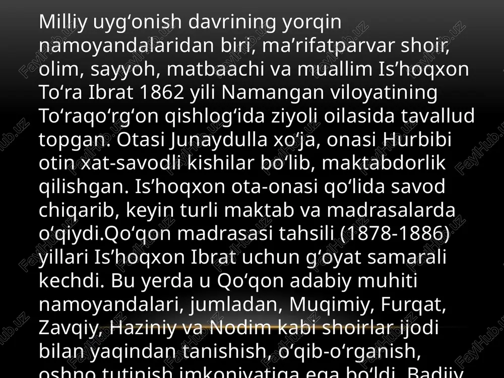 arida yashaydi. gʻarbning bulgʻoriya – sofiya, keyin afina, rim shaharlarida boʻladi. xalq hayoti, turmush tarzi bilan yaqindan tanishadi. safar davomida arab, fors, hindi, urdu, ingliz tillarini oʻrganadi va eng muhimi, yozilajak ilmiy asarlari uchun boy material toʻplaydi. konstroktor tartibini tanlasak 4 ibrat 1886 yili qoʻqon madrasasini tugatgach, ona qishlogʻi toʻraqoʻrgʻonga qaytadi va oʻz faoliyatini maʼrifat tarqatishga qaratadi. “usuli qadim” qabilidagi maktablarni isloh etib, jadid maktablarini ochishga kirishadi. ammo koʻp oʻtmay, mutaassib kimsalar tomonidan bu ilm oʻchoqlari “kofirlar maktabi” tamgʻasi bilan taʼqiqqa uchraydi. shundan soʻng u 1887 yilda, yaʼni 25 yoshlarida haj ziyoratini niyat qilgan onasi hurbibiga hamroh boʻlib, makkai mukarrama safariga otlanadi. ammo onasi oʻpka shamollashi oqibatida yoʻlda vafot etadi. isʼhoqxon ibrat qobul, istanbul, jidda, makka, madina kabi shaharlarda boʻlib, soʻngra hindistonga yoʻl oladi; bir muddat kalkutta, mumbay, dehli shaharlarida yashaydi. gʻarbning bulgʻoriya – sofiya, keyin afina, rim shaharlarida boʻladi. xalq hayoti, turmush tarzi bilan yaqindan tanishadi. safar davomida arab, …