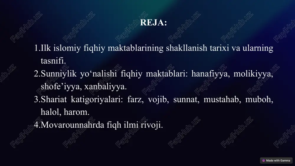 ari bilan anglash hamda qaysi maqsadda ishlab chiqarilganini tushunish va o‘zlashtirilgan ushbu ilmni amalga tadbiq etishdir. fiqhning manbasi: qur’on, sunnat, ijmo va qiyos. fiqh bilan chuqr shug‘ullangan olimlar faqihlar (fiqh olimi, huquqshunos) deb nomlandi. bular orasida eng ko‘zga ko‘ringan va fiqhiy mazhabi hozirgacha etib kelgan mujtahid olimlar quyidagilardir: imom abu hanifa no‘mon ibn sobit kufiy, imom molik ibn anas madiniy, imom muhammad ibn idris shofeiy va imom ahmad ibn hanbal shayboniy. mazkur mazhablar oldingi mavzuda aytilganidek, aqida nuqtai nazardan bir xil, faqat fiqhiy jihatdan bir-biridan farq qiladi. shuningdek, bular bir-birini inkor qilmaydi, balki qo‘llab-quvvatlaydi. mazhablarning maqsadi diniy manbalardagi matnlarni keng xalq ommasiga oson tushuntirish bo‘lgan va bu bilan oddiy xalq o‘z masalalarini tezda xal qilganlar. «mazhab» arabcha so‘z bo‘lib, «yo‘nalish», «yo‘l», «diniy ta’limot» ma’nolarini bildiradi. islom shariati va aqidasining muayyan bir tizimga solingan holatdagi ko‘rinishi mazhab deyiladi. bundan ko‘rinib turganidek, mazhablar ikki qism – fiqhiy va aqidaviyga bo‘linadi. fiqhiy mazhablar …