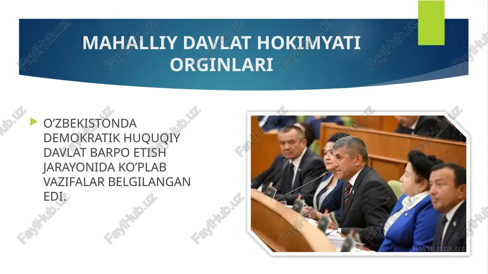 kiston xalq demakratik partiyasidir. partiyaga 1991-yilning noyabrida asos solindi. mustaqillik yillarida tashkil topgan yana bir siyosiy partiya bu – o’zbekiston adolat satsial-demakratik partiyasidir. partiyaga 1995-yilning fevralda asos solindi. mustaqillik tashkil topgan partiyalardan yana biri bu – o’zbekiston millit tiklanish demakratik partiyasidir. ushbu partiya 1995-yili iyunda tuzilgan. o’zbekiston siyosiy tizimida o’ziga xos o’ringa ega bo’lib ulgurgan o’zbekiston lideral-demakratik partiyasi (o’zlider) 2003-yil noyabrda tashkil topgan. o’zbekistondagi so’ngi partiya bu – o’zbekiston ekologik partiyasidir. partiyaga 2019-yil yanvar oyida asos solingan. image2.jpeg image3.jpg image4.jpg image5.jpg image6.jpg image7.jpg image8.jpeg image9.jpg image10.jpg image11.jpg image12.jpg image13.jpg image14.jpg /docprops/thumbnail.jpeg