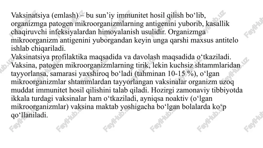 zmga qarshi va polivalent bir necha vaksinalar qo‘shilishidan tayyorlangan preparat (masalan akds – adsorbsiyalangan ko‘k yo‘tal, difteriya, qoqsholga qarshi vaksina) ko‘rinishida bo‘lishi mumkin. emlashda vaksinalarni teri ustiga, teri ostiga, muskul orasiga, burun va ogʻiz orqali yuborish mumkin. vaksinalar bilan emlash jadvali har xil: bir marotaba, ikki, uch marotaba va hokazo. sunʼiy faol immunitet immunizatsiya tugaganidan soʻng 2-3 hafta oʻtgach paydo boʻladi va oylab, hatto yillab saqlanib qoladi. takror emlash (immunitet darajasi susayganda) revaksinatsiya deb ataladi. reavksinatsiya o‘z nomi bilan – organizm kasallikka qarshi immunitetini kuchaytirish maqsadida qaytadan vaksina yuborish deganidir. (har qanday terminga qo‘shilgan “re” qo‘shimchasi “qayta” degan ma’noni anglatadi.) qayta vaksinatsiya o‘tkazilganda organizm immuniteti kuchayadi. revaksinatsiya o‘tkazish ayrim turdagi emlashlar uchun xos, ba’zi vaksinalar yetti martagacha qayta o‘tkazilsa, ayrimlari faqatgina bir marotaba o‘tkaziladi. masalan, difteriya (bo‘g‘ma) va qoqsholga qarshi revaksinatsiya 16 yoshgacha uch marotaba, keyinchalik har 10 yilda 1 marotaba 56 yoshgacha o‘tkaziladi. asosiy infeksiyalarga qarshi vaksinatsiyalar mamlakatimizda 2 …