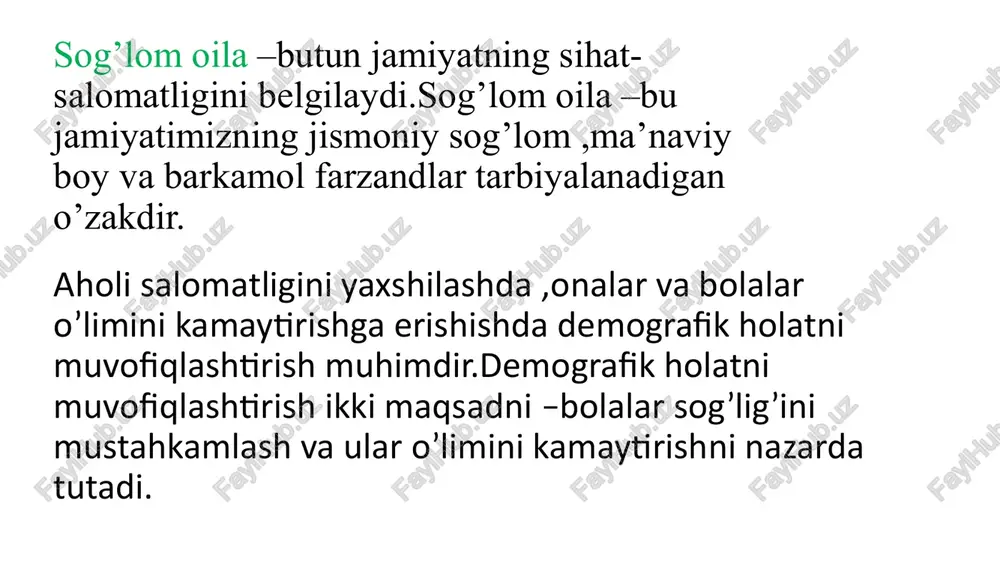 vojlanishiga ta’sir qiluvchi omillar. bolani o‘sishi va rivojlanishi haqida to‘liq ma’lumotga ega bo‘lish uchun genetik va tashqi muhit omillariga e’tibor qilinadi. genetik omillar.bola o‘sishiga ta’sir etuvchi genetik omillarga millati, jinsi, kelib chiqishi va boshqalar kiradi. ko‘pchilikka ma’lumki, bolaning tana tuzilishi ota-onasining tana tuzilishiga o‘xshash bo‘ladi. o‘smirlik davrdan tashqari, o‘g‘il bolalar tana tuzilishi qizlarnikidan yirikroq bo‘ladi. tashqi muhit omillari.birinchi o‘rinda o‘sish oziqlanishga bog‘liq. organizmda rivojlanish uchun zarur bo‘lgan oziq moddalarini, ya’ni oqsil, yog‘, uglevodlar, mineral tuzlar va vitaminlarni yetarlicha to‘liq kompleksi bo‘lishi zarur. vitaminlar va minerallarni yetarli iste’mol qilmasligi o’sish va rivojlanishda o’zgarishlarga olib keladi. jismoniy rivojlanish–bu tana og‘irligini, bo‘y uzunligini, bosh va ko‘krak aylanasini o‘z ichiga oladi. jismoniy rivojlanishini baholashda yuqorida aytib o‘tilgan tarkibiy qismlarni aniq o’lchash katta ahamiyatga ega. oy kuni yetib tug‘ilgan sog‘lom chaqaloqni tana og‘irligi 2,5 dan 4,4 kg gacha bor, 6 oylikgacha bo‘lgan chaqaloq har haftasiga 150-250 gr dan og‘irligiga qo‘shiladi. 6 oydan so‘ng esa har …