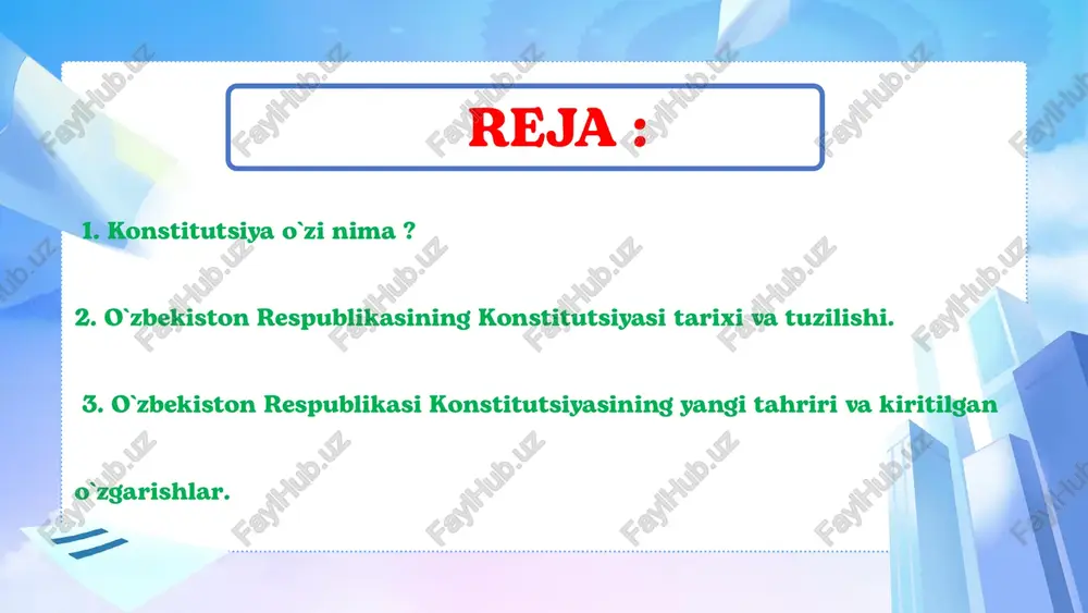 rimov raisligida 64 kishidan iborat konstitutsiyaviy komissiyani tuzish toʻgʻrisida qaror qabul qilgan. uning tarkibiga deputatlar, qoraqalpogʻiston respublikasi va viloyatlarning vakillari, davlat hamda jamoat birlashmalari, korxonalar va xoʻjaliklarning rahbarlari, huquqshunos olimlar va mutaxassislar kirgan. oliy kengashning 10-sessiyasida komissiya tarkibi qisman yangilangan. komissiya ishlab chiqqan loyiha matbuotda eʼlon qilinib, keng muhokama etilgan. konstitutsiyaviy komissiya umumxalq muhokamasi yakunlarini koʻrib, loyihani tuzatib va maʼqullab oliy kengash sessiyasida koʻrib chiqishga tavsiya qilgan. loyiha oliy kengash sessiyasida ham moddama-modda muhokama etilgandan soʻng qabul qilingan. oʻzbekiston respublikasining konstitutsiyasi muqaddima, 6 boʻlim, 27 bob, 155 moddadan iborat 1-boʻlim (i-iv bob, 1-18-moddalar) „asosiy prinsiplar“ deb nomlangan. 2-boʻlim (v-xi bob, 19-64-moddalar) „inson va fuqarolarning asosiy huquqlari, erkinliklari va burchlari“ deb ataladi. 3-boʻlim (xii-xv bob, 65-82-moddalar) „jamiyat va shaxs“ deb ataladi. 4-boʻlim (xvi-xvii bob, 83-90-moddalar) „maʼmuriy-hududiy va davlat tuzilishi“ deb nomlangan. 5-boʻlim (xviii-xxvii bob, 91-153-moddalar) „davlat hokimiyatining tashkil etilishi“ deb nomlangan. 6-boʻlim (154-155-moddalar) „konstitutsiyaga oʻzgartirish kiritish tartibi“ deb ataladi. oʻzbekiston respublikasi …