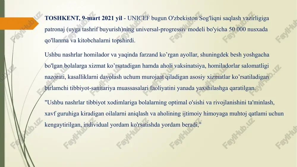 hlari va hamshiralar ham ishtirok etadilar. masalan:kamqonlik kasalliklarini bir yilda bir marta profilaktik ko‘rik paytida mutaxassislar ko‘rigidan bolalar yoppasiga o‘tkazilib, labarotoriya tekshirish natijalariga qarab, kasal bolalarni ajratib olinadi. kamqon bolalar rivojlanish tarixi f-112 va ko‘chirmalarga analiz natijalarini yopishtirib ko‘cha hamshirasi va shifokor tomonidan bir yil davomida davolab ko‘zatyuv olib boriladi. f-112 daftariga qizil uchburchak markirovka yopishtiriladi. bog‘cha hamshirasi har 3 oyda dispanser hisobidagi bolalar qon analizi va shifokor ko‘rigini tavsiya etib bir yil davomida 4 marta qon analizi topshirilib davolash ishlari olib boriladi. shu yilning oxirida davolash natioja berib qonda gemoglabin miqdori 110 g/l ni tashkil etsa,bunday bolalar dispanser hisobidan chiqariladi. maktab hamshiralari kamqonlik kasalligini dispanser hisobidagi bolalarda shu tariqa ish olib boradi kamqonlik kasalligi qon tarkibidagi gemoglabinga qarab darajalarga bo‘linadi. i-daraja hb-90-110 g/l ii- daraja hb-90-70 g/l iii- daraja hb-70-50 g/l maktabgacha bo‘lgan bolalarda yuqumli kasalliklar: qizamiq, qizilcha, suvchechak, skarlatina, ko‘kyo‘tal, virusli gepatit a kabi kasalliklar uchraydi. yuqumli kasalliklar …