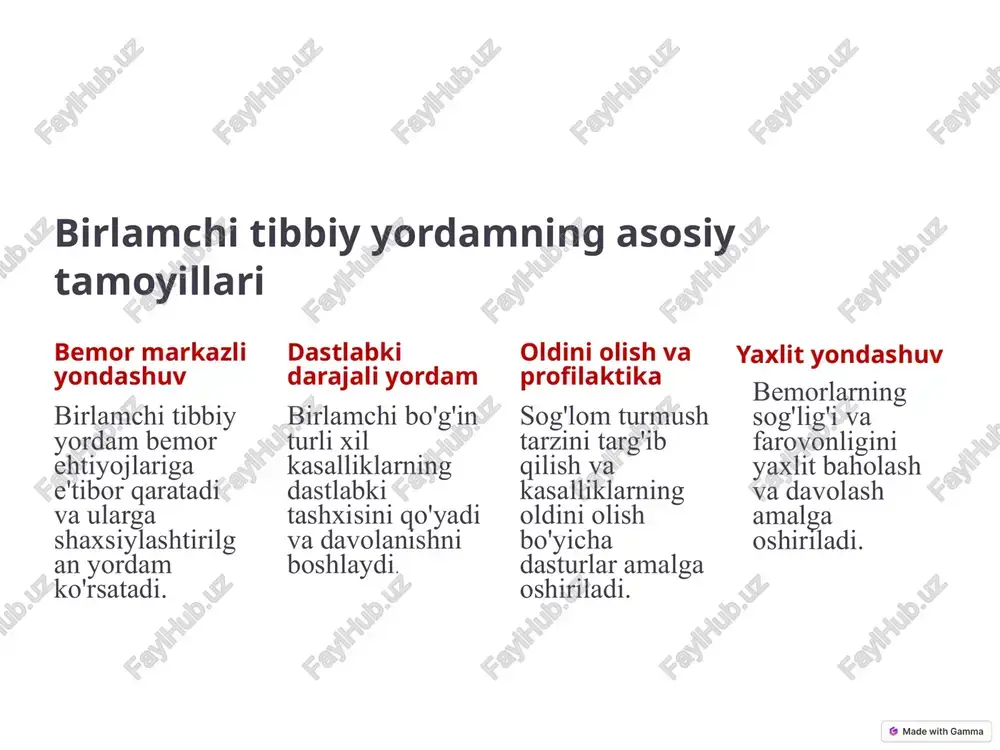 ibbiy yordam ko'rsatish muassasasidir va ko'plab odamlar uchun tibbiy xizmatlarga kirish imkoniyatini ta'minlaydi. 4 oilaviy poliklinikalar faoliyati oilaviy shifokorlar oilaviy shifokorlar bemorlarning yaxlit tibbiy ehtiyojlarini qondiradi va ularga uzun muddatli yordam beradi. mutaxassislar guruhi oilaviy poliklinikalar turli mutaxassislar, jumladan, terapevtlar, pediatrlar, ginekologlar, stomatologlarni o'z ichiga oladi. qo'shimcha xizmatlar tibbiy profilaktika, skrining dasturlari, reabilitatsiya va boshqa qo'shimcha xizmatlar taqdim etiladi. oilaviy poliklinikalar katta shaharlarda va tumanlarda aholi uchun yaxlit tibbiy xizmat ko'rsatishni ta'minlaydi. ular oilaviy shifokorlar, mutaxassislar guruhi, shuningdek, qo'shimcha xizmatlarni taklif qiladi va bemorlarga shaxsiylashtirilgan yondashuvni amalga oshiradi. 5 birlamchi bo'g'inda profilaktika va skrining dasturlari 1 emlash dasturi 2 xavfli kasalliklarning erta tashxisi uchun skrininglar (masalan, qandli diabet, yuqori qon bosimi). 3 sog'lom turmush tarzini targ'ib qilish dasturlari (masalan, to'g'ri ovqatlanish, jismoniy mashqlar). 4 ayollar va bolalar sog'lig'ini saqlash dasturlari. birlamchi tibbiy yordam profilaktika va erta tashxis qo'yish bo'yicha muhim rol o'ynaydi. emlash dasturi, xavfli kasalliklarning erta tashxisi uchun skrining …