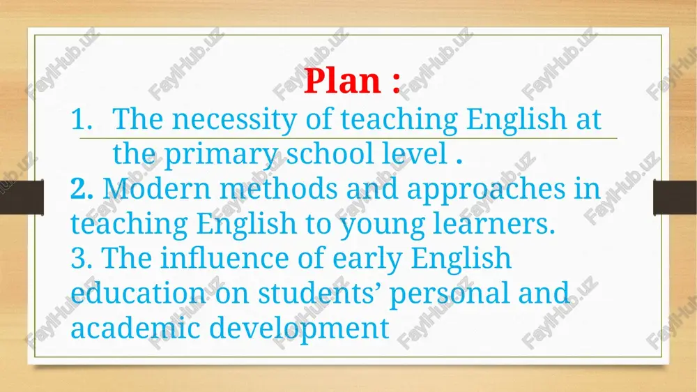 e necessity of teaching english at the primary school level is evident in its long-term educational, cultural, and social benefits. it not only equips children with a valuable communication tool but also lays a strong foundation for their future academic and professional success. therefore, incorporating english into the early stages of education is an essential investment in building a globally competent and intellectually developed generation. 2.the process of teaching english to young learners requires a creative and child-centered approach that takes into account their psychological and developmental characteristics. unlike adults, children learn best through play, interaction, and engaging activities. therefore, the use of modern teaching methods is essential to make english lessons interesting, effective, and emotionally positive. among the most effective modern approaches are the communicative language teaching (clt), the task-based learning (tbl) method, and the total physical response (tpr) approach. these methods focus on communication rather than grammar memorization, …