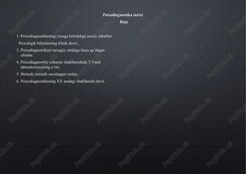 otuvchini ta’sirida bo’lsa, uning natijasi organizmni unga nisbatan javob reaksiyasidir. shu bois ham psixik faoliyat miyaning aks ettiruvchi, reflektor faoliyatidangina iboratdir. psixologik bilimlarning klinik davri psixika bosh miya va nerv sistemasining mahsuli ekanligi borasidagi fikrlarni hozirgi zamon psixodiagnostikasining tarixi hamda xix asrning chorak yarmida psixologik bilimlarning shakllanishidagi klinik davri bilan bog’lash mumkin. bu davr shaxs haqidagi empirik psixologik bilimlarning to’planishi va tahlilida asosiy vazifa tabiblar yordamida amalga oshirilganligi bilan xarakterlanadi. tabiblarni, dunyoning rivojlanayotgan mamlakatlarida tarqalayotgan ruhiy va asab kasalliklarni kelib chiqish sababi qiziqtirar edi. shu bois, psixiatrlar yevropa shifoxonalaridagi bemorlarni uzluksiz nazorat qilish bilan bir qatorda, o’z xulosalarini qayd qilib borardilar. natijada, psixodiagnostikaning kuzatish, so’rov, hujjatlar tahlili kabi metodlari shakllanishi ortib bordi. mazkur vaqtda psixodiagnostikaning rivojlanishi erkin xarakter kasb etib, bu holat metodlarni miqdoriy ko’rsatkichi bilan uzviy bog’langan edi. 3. psixodiagnostikani taraqqiy etishiga hissa qo’shgan olimlar universitetida boshlagan va shu universitetda u doktorlik dissertasiyasini himoya qilgan (1899 y.). pensilvaniyada psixologiya …