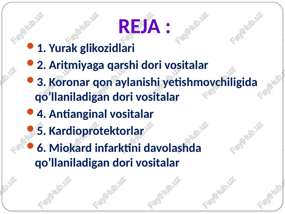 davomli bo'ladi, moddaning kumulyativ xususiyati bor. glikozidlar yosh bolalar organizmidan kattalarga nisbatan siydik orqali tezroq chiqib ketadi, shuning uchun sutkali miqdorni ikkiga bo'lib yuborish tavsiya etiladi. yosh bolalarda miokard toj tomirlar orqali qon bilan yaxshi ta’minlangan bo'ladi, shuning uchun u yerdan glikozidlarning chiqib ketishi tezroq o'tadi. yurak glikozidlari o'tkir va surunkali yurak-qon tomir yetishmovchiligida qo'llaniladi. bu yetishmovchilik har xil yurak poroklarida, miokardit, gipertoniya, miokard infarkti, koronarkardioskleroz kabi yurak kasalliklari natijasida kelib chiqadi. glikozidlar yurak ritmi izdan chiqqanda: mertsal, paroksizmal aritmiya, supraventrikulyar taxikardiya, umuman taxikardiyalarda ham qo'llaniladi. o'tkir yetishmovchilikda tez ta’sir etuvchi moddalar — strofantin, korglikon, konvallatoksin venaga yuboriladi. surunkali yetishmovchilikda asosan digitalis moddalari -digitoksin, selanid, adonizid, digoksin qo'llaniladi. septik endokarditda, yurak urishi sekinlashganda (bradikardiya), digitalis intoksikatsiyasida yurak glikozidlarini qo'llash man etiladi. glikozidlar bilan davolash ancha murakkab hisoblanadi — oldin to'yintiruvchi miqdorda yuboriladi, keyin quvvatlovchi miqdor qo'llaniladi. quvvatlovchi miqdor eliminatsiya kvotasi orqali aniqlanadi. yurak glikozidlarining kardiotonik ta’siri bir sutka ichida 50% …