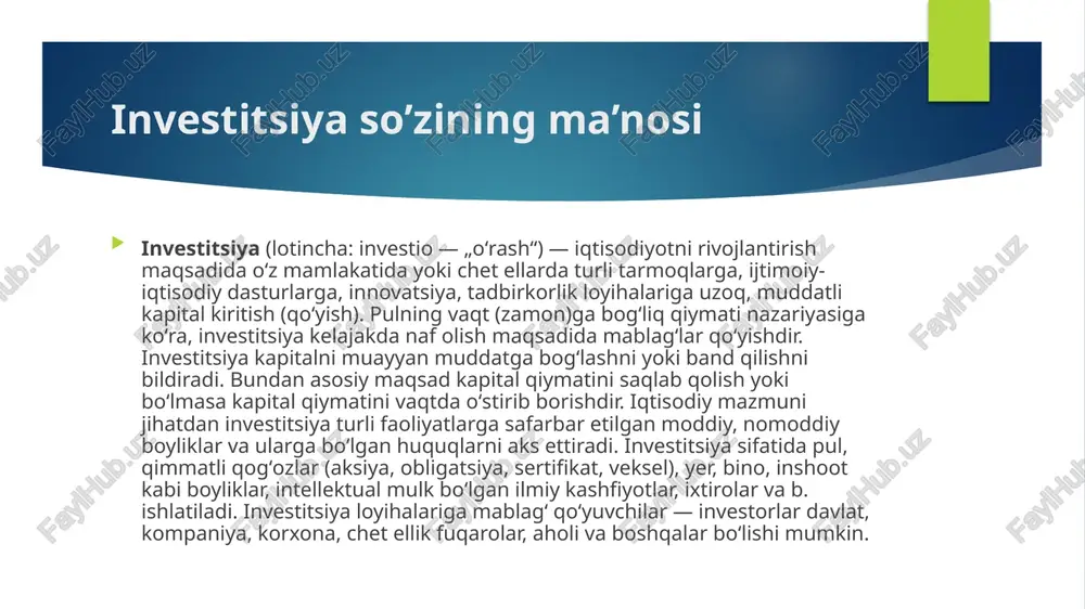 rish va aksiyalarni joylashtirish, byudjet mablagʻlari, bank kreditlari, lizing, bevosita chet el investitsiyalari, ipoteka, byudjetdan tashqari maxsus fondlar, amortizatsiya va xoʻjalik yuritish subʼyektlarining boshqa mablagʻlari hisobiga amalga oshiriladi. investitsiya qoʻyilish shakliga qarab moliyaviy (portfel) va real (ishlab chiqarish) investitsiyaga boʻlinadi. investitsiya o’sishi investitsion hamkorlik umumjahon va milliy muammolarni hal qilishga xizmat qiladi. jahondagi bevosita investitsiya faol oʻsib bormoqda: 1980-yillar oʻrtalarida jahon boʻyicha umumiy yillik investitsiya hajmi 450 milliard dollarni tashkil qilgan boʻlsa, 1990-yillar oʻrtalariga kelib investitsiya hajmi 2 trillion dollardan oshdi. investitsiyalar iqtisodiyot rivojida muhim omil iqtisodiyotni rivojlantirishda investitsiyalarni jalb qilish muhim omillardan biri sanaladi. investitsiya rivojlanishga taʼsir etuvchi muhim omil sifatida iqtisodiyotni modernizatsiyalash va keng koʻlamli ishlarni amalga oshirish imkonini beradi. mamlakatimizda iqtisodiyotga investitsiyalarni jalb etish borasida prezidentimiz tashabbuskorligi ostida keng qamrovli, samarali ishlar olib borilmoqda. keyingi yillarda davlatimiz tomonidan oqilona iqtisodiy diplomatiya yuritilayotgani natijasida eksport va investitsiya miqdori izchil oshib bormoqda. xususan, soʻnggi besh yilda xorijiy investitsiyalar hajmi …