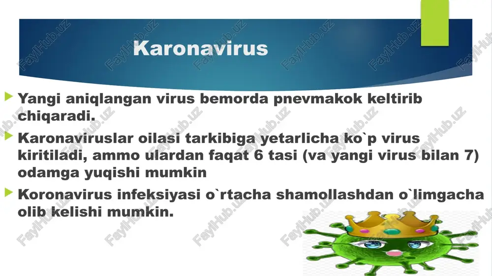 . ikkilamchi yuqishi mumkin. katta yoshdagi insonlarni 80% izda antiteloning borligi aniqlangan. yuqori nafas yo`llari kasalliklarini 10-35%ini tashkil qiladi. patogenezi. kattalarda yuqori nafas yo`llarini zararlaydi bolalarda o`pka va bronxlarni zararlaydi gastroentirit bilan kasallangan bolalarni bosh miyasida ham topilgan davomi. bu infeksiya burun halqumdagi kipriksimon epiteliyga aminopeptinaza n-retseptor va sial kislata retseptori orqali birikadi va virus replikatsiyasi sodir bo`ladi. kipriksimon epiteliyni zaralanishiga va xemokin hamda interleykinlarning induktsiyasiga olib keladi. karonavirusli infeksiyalarning tashxis tayanch belgilari: yetakchi simptomokompleks-intensive rinit,laringotraxeit belgilari rivojlanishi mumkin. guruhli kasallanish,asosan bir oila vakillari yoki bolalar orasida. yashirin davri 2-4 kun. mavsumiyligi qish va bahor faslida. kasallikning o`tkir boshlanishi. kechish o`tkirligi,davomiyligi 1-3 kun. laborator taxlillarda. limfopeniya –cd4+,cd8+vank-hujayralar hisobidan-50% uchraydi.kasallik avj olganda trombotsitopeniya kuzatiladi. qon zardobida aminotransferaza,kreatinaza va laktatdegidrogenaza faolligining ortishi aniqlanadi. davomi. laborator taxlillarda. tashxis teskari transkripsiya,pzr testi orqali kasallikning boshlanishida nafas yo`llari va plazmada. keyin esa siydikda, najasda aniqlanadi va tez natija beradi. antitelolar kasallik boshlanishidan 28 kun davomida …
