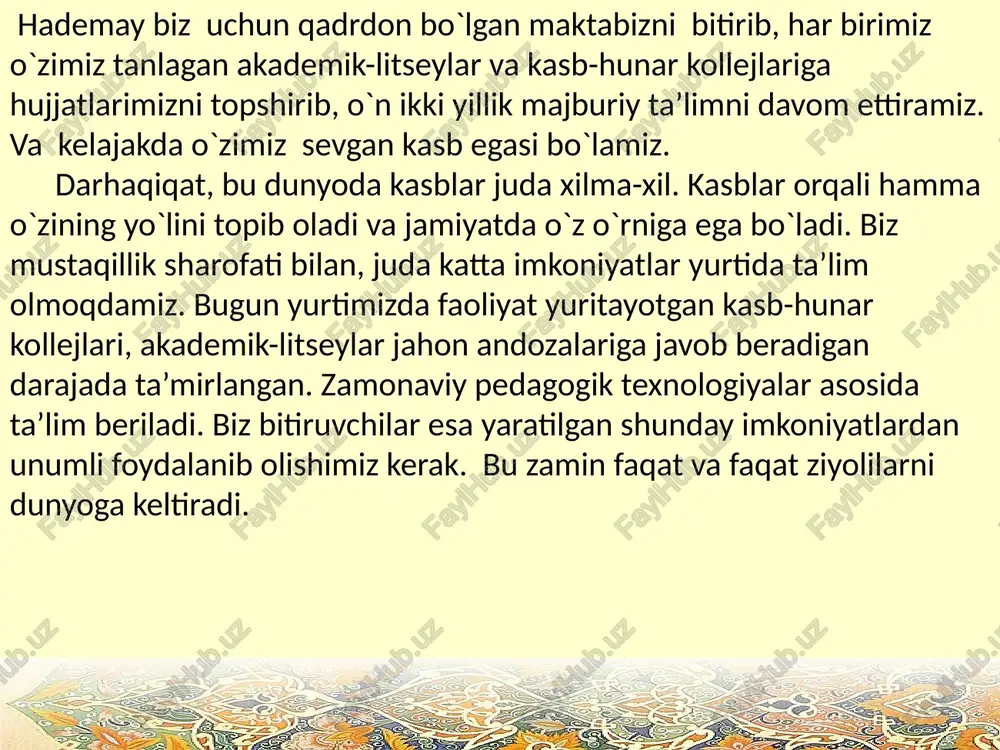 nlagan kasbingiz, hunaringiz qaynar bitmas-tuganmas davlatdir. agar hunarmand molidan mahrum bo`lsa, hunarining o`zi davlatdir. shuning uchun o`zingiz yoqtirgan kasb-hunarni o`rganishingiz lozim. u sizni baxt-saodatga boshlaydi. kasb-hunarni o`rganish uchun aql, orzu, mehnat, iroda, sabr-toqat, zehn hamjihat bo`lsa, inson o`z kasbi va hunarining ustasi bo`ladi. “intilganga tole yor” o`z orzularingiz, tanlagan kasbingiz yo`lida hech tolmang!” insonni obro`siz xa xor qiladigan illatlar inson hayotini farovon qiladigan fazilatlar -yalqovlik; -ta’magirlik; -tekinxo`rlik; -boqimandlik; -ishyoqmaslik; -erinchoqlik; -mehmatsevarlik; -aql -qiziqish; -sabr-toqat; -zehn; -hunarning va kasbning ustasi; mening kelajakdagi orzuim bo`lish tish shifokori uning asosiy ishi- sog` ko`rish sening tishing. tishlarni tuzatar, yana doim eslatar: -chaqma tishlarda yong`oq, ularni tut toza, sog`. stomatolog (tish shifokori) tishlarni davolaydi. tishlarning sog`lom ko`rkam bo`lishida o`z maslahatini beradi. insonlar tish shifokoriga tez-tez murojaat etib turishlari kerak. kasallikni davolashdan kora uning oldini olgan afzal. mening kelajakda tish shifokori bo`laman. bu kasbni egallashim uchun maktabdagi barcha fanlarni yaxshi o`qishim kerak. bu dunyoda hech bir …