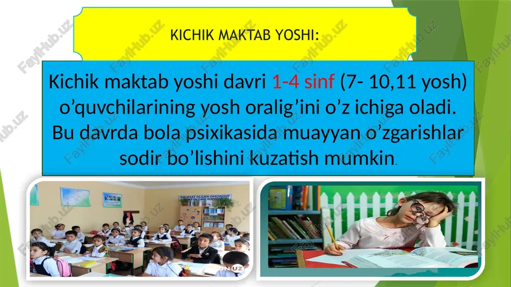 urning bolalar hayotidagi ahamiyati juda katta. bola tasavvur qilib atrof-hayotni chuqurroq bila boshlaydi, o‘z-o‘zining shaxsiy tajribasidan tasavvur yordamida chetga chiqa oladi, ijodiy layoqati rivojlanadi, shaxsiy xususiyatlarining rivojlanishiga xizmat qiladi. maktabning birinchi sinfiga kelgan bolada xayol yetarli darajada rivoj topgan bo‘ladi va u xilma-xil tasavvurlarning kattagina zaxirasiga ega bo‘ladi. 0‘qish jarayonida u faqat idrok va xotira tasavvurlariga tayanib qolmasdan, balki shu bilan birga, xayolida yaratilgan tasavvurlarga ham tayanib, o‘rgatilayotgan materialni yaqqol tarzda o‘zlashtira boradi. bolaning xayoli tevarak-atrof taassurotlari, tasviriy san’at asarlarini yetarli darajada aks ettirishda vujudga keladi. siymolar, shartli belgilar, tabiat manzaralari jamlanib, o‘quvchilarda xayol paydo bo'ladi. boshlang‘ich sinf o'quvchilari o‘ynaydigan o‘yinlarda ham ularning xayolini o‘sishi davom etaveradi. 0‘quvchilar o‘z o‘yinlarida turli narsalarni yasaydilar, turli yerlarga sayohat qiladilar. bunday o‘yinlardan o‘quvchi mazmundor taassurotlar oladi va unda turli tasavvurlar hosil bo‘ladi, uning ijodiy, qurish-yasash va badiiy qobiliyatlari o‘sadi. kichik maktab yoshidagi o‘quvchining xayoli o‘zining kengligi va mazmundorligi jihatidangina o‘zgarib qolmasdan, balki yo‘nalishi …
