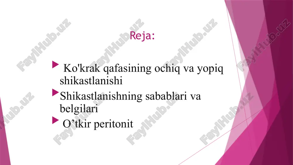 shi, qisilishi, suyaklarning chiqishi va suyaklarnning yopiq sinishi kiradi. lat yeyish. a'zo va to'qimalarning bevosita biror to’mtoq narsa bilan urilishi natijasida teri butunligining buzilmay zararlanishi lat yeyish deyiladi. odamga zarb tekkanda yoki biror qattiq narsa ustiga yiqilib tushganda badani lat yeydi. klinikasi. lat yeganda shish, qon quyilishi, og'riq va organ funksiyasining buzilishi qayd qilinadi. avvaliga og'riq va yumshoq to’qimalarning zararlanishi yuzaga keladi. lat yegan joy biroz shishadi qizaradi va ko'karib qoladi. shish va qon talashlar ko'pi bilan 2-3 kunda shikastdan keyin paydo bo'ladi. harakat qilganda, lat yegan sohada og'riq kuchayadi, tinch turganda kamayadi. qon talashning rangiga qarab qachon paydo bo'lganini aniqlash mumkin: birinchi kunlari gematoma sohasi qizil bo'ladi so'rilish boshlangandan so'ng yashil va sarg'ish rangga kiradi, teri ostiga quyilgan qon rangi vaqt o’tishi bilan o'zgaradi va so'rila boshlaydi. og’ir lat yeyishdan so'ng harorat ko'tarilishi va umumiy holatning buzilishi qayd qilinadi. lat yeganda birinchi tibbiy yordam ko’rsatish. shikastlangan kishiga avvalo tinch …