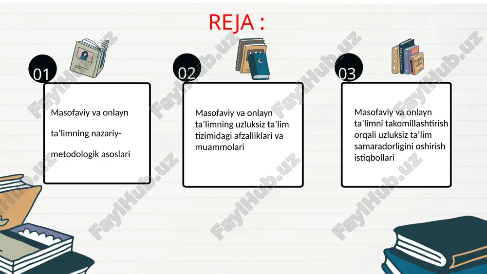 azorat qilish va o‘zlashtirish jarayonini rivojlantirish. dani martinez 2. masofaviy va onlayn ta’lim shakllari zamonaviy uzluksiz ta’lim tizimining eng muhim tarkibiy qismi sifatida shakllanmoqda. bu ta’lim shakllari raqamli texnologiyalar, internet platformalari va multimedia vositalari orqali o‘quv jarayonini yangi bosqichga olib chiqdi. masofaviy ta’limning asosiy maqsadi — har bir inson uchun ta’lim olish imkoniyatini kengaytirish, ta’limda tenglikni ta’minlash va bilim olish jarayonini shaxsga yo‘naltirishdir. masofaviy ta’lim tizimi uzluksiz ta’limning bir nechta muhim tamoyillarini amaliy jihatdan ta’minlaydi. olimlar fikriga ko‘ra (polat e.s., anderson t., xodjiev b. va boshqalar), ushbu tizimning quyidagi afzalliklari mavjud: vaqt va joydan mustaqillik. o‘quvchi yoki talaba o‘z istagiga ko‘ra istalgan joyda, istalgan vaqtda ta’lim olish imkoniyatiga ega bo‘ladi. bu hol uzluksiz ta’limning “butun umr davomida o‘qish” tamoyiliga to‘la mos keladi. individuallashtirilgan ta’lim. masofaviy ta’lim tizimlari har bir ta’lim oluvchining qobiliyati, o‘rganish sur’ati va ehtiyojiga qarab individual yondashuvni ta’minlaydi. bu esa shaxsiy ta’lim yo‘nalishlarini shakllantirish imkonini beradi. axborotga tezkor …