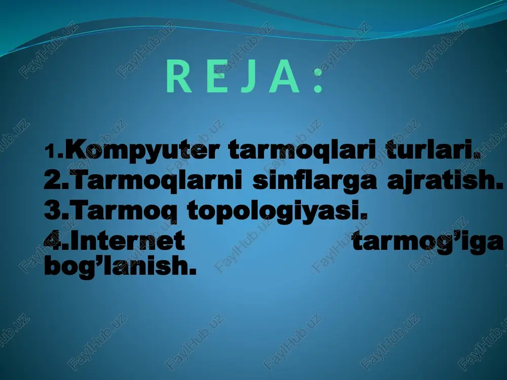 manzili (url) bilan bir xil ma’noda belgilanuvchi mantiqiy birlik. u web-saytning tarkibiy qismidir. web-sayt - inglizcha “site” (tarjimasi joy, joylashish) so’zining o’zbekcha talaffuzi. umumjaxon o’rgimchak to’ri ma’lum axborotni topish mumkin bo’lgan va noyob url manzillar bilan belgilangan virtual joy. web portal - (inglizcha “portal” – darvoza so’zidan olingan) - bu internet foydalanuvchisiga turli interaktiv xizmatlarni (pochta, izlash, yangiliklar, forumlar va x.k) ko’rsatuvchi yirik veb-sayt. tarmoqlarni turli me'yorlarga ko'ra sinflarga ajratish mumkin. bular: 1) o'tkazish qobiliyati, ya'ni ma'lumotlarni tarmoqqa uzatish tezligiga muvofiq: - past 100 kbit/ s gacha; - o'rta 0,5-10 mbit/s gacha; - yuqori 10 mbit/s dan ortiq. 2) uzoq kommunikatsiya tarmoqlari bilan ishlash tezligi, ularning fizik o'lchoviga muvofiq: - lan ( local-area network) lokal tarmoq (bir ofis, bino ichidagi aloqa); - can (campus-area network) - kampus tarmoq, (binolar orasidagi kompyuter tarmoq); - man (metropolitan-area network) katta radiusga (bir necha o'n km) axborot uzatuvchi kengaytirilgan tarmoq; - wan (wide-area network) …