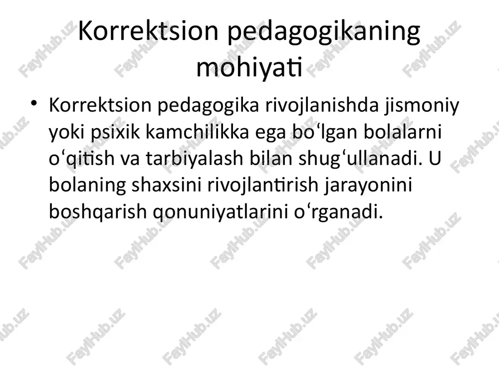h bolalar rivojlanishidagi nuqsonlarni erta aniqlash uchun maxsus testlar, kuzatish va tahlil usullari qo‘llaniladi. korrektsion pedagogik faoliyatning yo'nalishlari faoliyat yo‘nalishlari: - diagnostika-korrektsion ishlash; - rivojlantiruvchi ta’lim; - psixologik yordam ko‘rsatish. diagnostika-korrektsion faoliyat diagnostika korrektsion faoliyat orqali bolaning psixik va jismoniy holati baholanadi va ularga yordam ko‘rsatiladi. korrektsion-rivojlantiruvchi chora-tadbirlar bola shaxsini rivojlantirish uchun maxsus pedagogik va psixologik usullarni qo‘llash. korrektsion pedagogikaning asosiy kategoriyalari asosiy kategoriyalar: - anomal bolalar; - kamchiliklarni tuzatish; - individual yondashuv. anomal bolalar uchun ta’lim tizimlari ta’lim tizimi bolaning yoshi, nuqsonning turi va darajasiga qarab maxsus metodlarga asoslanadi. korrektsion pedagogikaning dolzarb masalalari masalalar: jamiyatda inklyuziv ta’limni rivojlantirish, bolalar uchun mos sharoit yaratish. xulosa va takliflar korrektsion pedagogika orqali anomal bolalar jamiyatga integratsiya qilinadi. bu ilm-fan va amaliyotning uzviy aloqasini talab etadi. foydalanilgan adabiyotlar 1. korrektsion pedagogika bo‘yicha qo‘llanmalar; 2. pedagogik lug‘atlar; 3. zamonaviy ilmiy maqolalar va resurslar. /docprops/thumbnail.jpeg