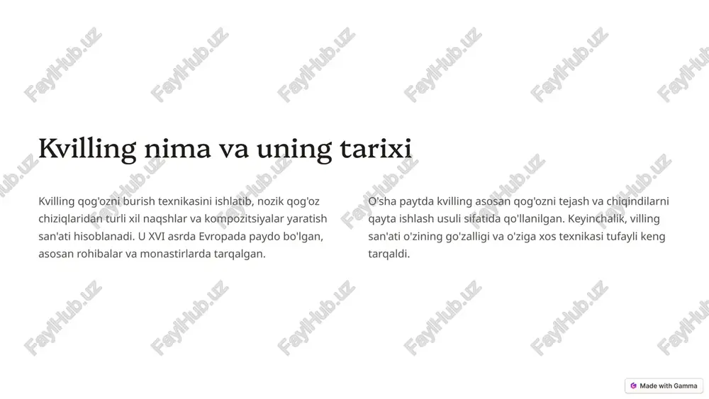 jihoz va asboblar qaychi qaychi kvilling uchun muhim asbobdir. ular qog'oz chiziqlarni kesish va ularni kerakli o'lchamlarga keltirish uchun ishlatiladi. kvilling tayoqchasi villing tayoqchasi qog'oz chiziqlarni burish uchun mo'ljallangan. uning yordamida turli xil shakllarni yaratish mumkin. yopishtiruvchi yopishtiruvchi kvilling elementlarini bir-biriga yopishtirish uchun zarur. tezda quriydi va qog'ozni buzmaydigan yopishtiruvchini tanlash muhim. o'lchov o'lchov qog'oz chiziqlarni kerakli o'lchamlarga keltirishda yordam beradi. kvilling elementlarini yaratishda aniqlik muhimdir. 5 kvilling yasash jarayoni va asosiy qoidalar 1 qog'ozni kesish kvilling uchun qog'ozni kerakli kenglikdagi chiziqlarga kesish kerak. chiziqlarning kengligi va uzunligi sizning yaratmoqchi bo'lgan naqshlarga bog'liq. 2 qog'ozni burish qog'oz chiziqlarni kvilling tayoqchasi yordamida burish kerak. siz turli xil shakllar, masalan, spiral, tomchi, ko'z va boshqalarni yaratishingiz mumkin. 3 elementlarni yopishtirish yaratilgan elementlarni bir-biriga yopishtirish kerak. yopishtiruvchi yordamida ularni bir-biriga mahkam bog'lang va quritishga vaqt bering. 4 naqsh yaratish yopishtirilgan elementlardan turli xil naqshlar yaratishingiz mumkin. siz o'zingizning tasavvuringiz va qog'oz bilan ishlash …