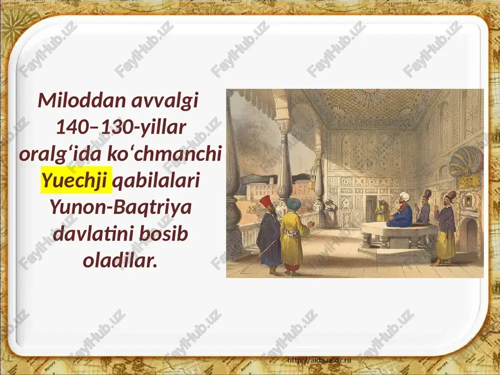 a baqtriya, so‘g‘diyonaning asosiy aholisi zardushtiylik dinida edi. kushon davlati hududiga kirib kelgan buddaviylik dini zardushtiylik bilan birga viii asrgacha o’rta osiyoda saqlanib qoldi. eski termiz ayritom va dalvarzintepada muhtasham buddaviylik ibodatxonalari bo‘lgan. aynan shu yerdan surxon vohasi orqali buddaviylik o’rta osiyo bo’ylab tarqala boshladi. budda boshining tasviri. dalvarzintepa. ii–iii asr boshlari shahzodalar, saroy a’yonlari, jangchilar tasviri, budda haykali va ayritomda topilgan do‘mbrachi hamda ud cholg‘u asbobini chalayotgan musiqachilar tasvirlari shular jumlasidandir. do‘mbirachi. ayritom yodgorligidan namuna chang chalayotgan ayol tasviri kushonlar davrida binokorlik va me’morchilik yuksak darajada taraqqiy etgan. temir va suyak kandakorligi ham yuqori darajaga erishgan. dalvarzintepadan fil suyagidan yasalgan shaxmat donalari topilgan. fil suyagidan ishlangan shaxmat donalari kushon san’atida mahalliy an’analar, qadimgi sharq va qadimgi yunoniston ellinistik san’ati uslublari muvofiqlashgan kushon davlati eramizning iii asri birinchi yarmining oxirida barham topdi. baqtriya va toxariston maxsus mulk huquqi ostida sosoniylar imperiyasi tarkibiga qo’shildi. ushbu imperiya sosoniy podshohlar xonadoni a’zolari tomonidan …