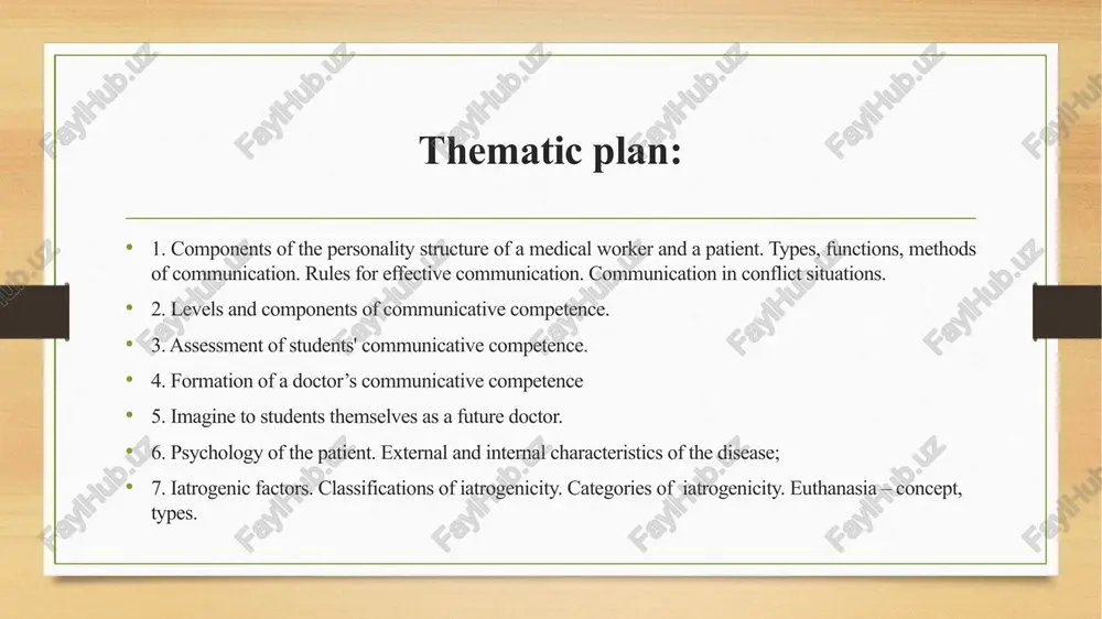 articularly humane attitude towards the patient's personality in the doctor, as well as high responsibility for all his actions. the doctor is called upon not only to treat the patient, but also to support him morally. components of the personality structure of a medical worker and a patient. a set of personal qualities that a doctor should have. moral and ethical qualities of a doctor: honesty, integrity, responsibility, intelligence, humanity, kindness, reliability, integrity, selflessness, ability to keep one's word. communicative qualities of a doctor: personal attractiveness, politeness, respect for others, willingness to help, authority, tact, attentiveness, observation, sociability, availability of contacts, trust in others. strong-willed qualities of a doctor: self-confidence, endurance, propensity to take risks, courage, independence, restraint, balance, determination, initiative, independence, self-organization, persistence, purposefulness. organizational qualities of a doctor: exactingness towards oneself and others, tendency to take responsibility, ability to make decisions, ability to correctly assess oneself and the …