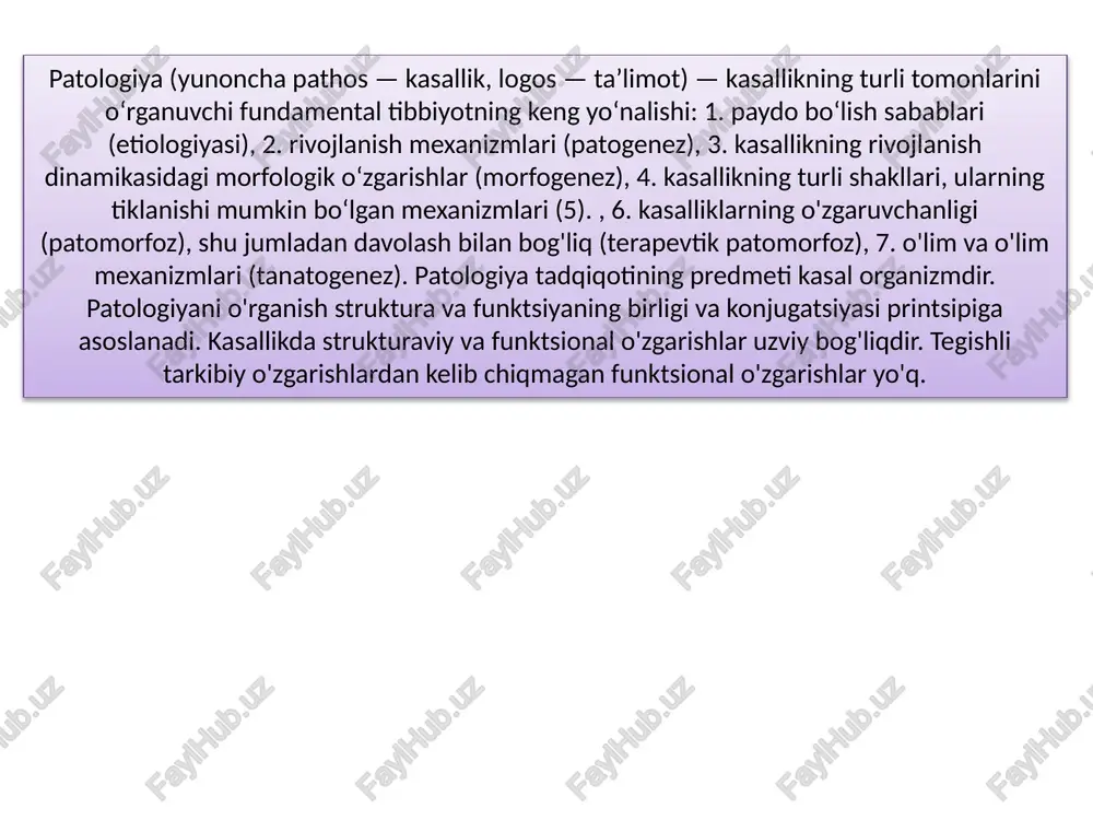 oki to'qimalarning hajmining pasayishi • patologik (mahalliy va umumlashtirilgan) • fiziologik (embriogenez, tug'ruqdan keyingi bachadon) a - sog'lom odamning gm b - serebrovaskulyar ateroskleroz fonida gm atrofiyasi patologik atrofiyaning sabablari: 1. organga funktsional yukning etarli emasligi (harakatsizlikdan atrofiya) 2. skelet mushaklarining denervatsiyasi (denervatsiya atrofiyasi) 3. qon oqimining pasayishi (ishemiya, keksalik atrofiyasi) 4. noto'g'ri ovqatlanish (kaxeksiya,) 5. endokrin stimulyatsiyani to'xtatish (tropik gormonlarning etarli darajada ta'minlanmaganligi) 6. bosimning oshishi (bosim atrofiyasi) gipertrofiya hujayralar hajmining oshishi, organ hajmining oshishiga olib keladi. • patologik (ishchi, vikariy, neyroxumoral) • fiziologik gipertrofiya fiziologik gipertrofiya tabiatda adaptivdir. misol: sportchilarda skelet mushaklari gipertrofiyasi, homiladorlik davrida bachadon o'sishi. patologik gipertrofiya: 1) ishchi gipertrofiya doimo ortib borayotgan yuk bilan rivojlanadi. misol: gipertoniyadagi patologik miokard gipertrofiyasi. 2) vikariy (almashtiruvchi) gipertrofiya u juftlashgan organlardan birida ikkinchisi olib tashlanganda rivojlanadi. misol: bitta buyrakni olib tashlash. 3) neyrohumoral gipertrofiya bu neyrohumoral regulyatsiyaning buzilishi tufayli rivojlanadi. misol: akromegali, jinekomastiya. giperplaziya organ yoki to'qimalarda hujayralar sonining …