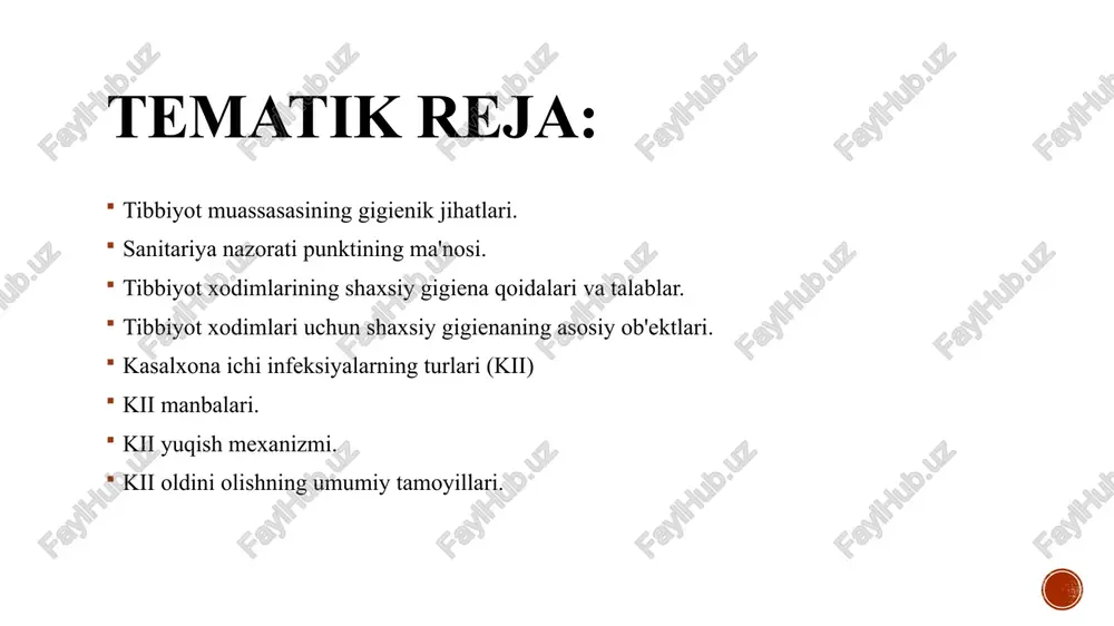 b tizimini shikastlaydigan va tananing haddan tashqari jo’riqishiga olib keladigan, kasalliklarni keltirib chiqaradigan sabablar bartaraf etilmasa, dori terapiyasi o'z-o'zidan foydasizdir. sanitariya nazorati stantsiyasining ma'nosi. operatsion bo'linmalarga kirishlar - xodimlar uchun sanitariya nazorat punktlari orqali tashkil etilishi kerak tibbiyot xodimlarining shaxsiy gigiena qoidalari va talablari. tibbiyot xodimlarining shaxsiy gigienasi - bu xodimlar va bemorlarning sog'lig'ini saqlash va mustahkamlashga qaratilgan qoidalar, tavsiyalar va talablar to'plami. tibbiyot xodimlarining shaxsiy gigiena qoidalari va talablari. qo'l gigienasi: tibbiyot xodimlari uchun eng muhim talablardan biri qo'l tozaligidir. qo'llar har qanday shifokorning asosiy vositasi bo'lib, bemorning xavfsizligi ularning tozaligiga bog'liq. shuning uchun, ayniqsa, bemorlar bilan aloqa qilishdan oldin va keyin, tibbiy muolajalar paytida, biologik materiallar bilan ishlashdan keyin ularning gigienasini ta'minlash juda muhimdir. shaxsiy himoya vositalaridan foydalanish: ushbu jihozlarning mavjudligi va ulardan to'g'ri foydalanish yuqumli agentlar va biologik materiallarga ta'sir qilish xavfini kamaytirishga yordam beradi. aseptika va antiseptika qoidalariga rioya qilish: bu tibbiy muolajalar paytida bemorning tanasiga …