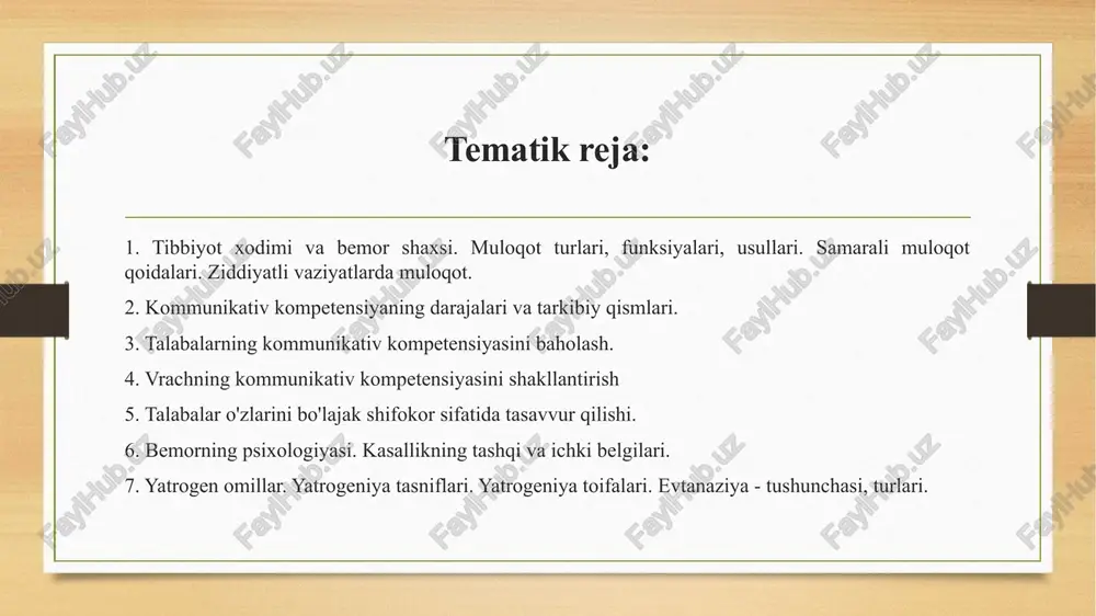 ilik, aql-zakovat, insonparvarlik, mehribonlik, ishonchlilik, sofdillik, fidoyilik, o'z so'zida tura olish. shifokorning kommunikativ fazilatlari: shaxsiy ozodaligi, xushmuomalalik, boshqalarni hurmat qilish, yordam berishga tayyorlik, ehtiyotkorlik, kuzatuvchanlik, muloqot uchun ochiqlilik, boshqalarga ishonch. shifokorning irodalilik fazilatlari: o'ziga ishonch, chidamlilik, tavakkalchilik, mardlik, mustaqillik, vazminlik, qat'iyatlilik, tashabbuskorlik, o'zini o’zi boshqara olish. shifokorning tashkiliy fazilatlari: o'ziga va boshqalarga nisbatan talabchanlik, mas'uliyatni o'z zimmasiga olish, qaror qabul qilish, o'zini va bemorni to'g'ri baholay olish, o'z ishini rejalashtirish. muloqot turlari, funksiyalari, usullari. rasmiy muloqot - bu his-tuyg'ular oshkor qilinmaydigan muloqot turi (odoblilik, jiddiylik va boshqalar) qo'llaniladigan muloqot. o’z manfaati uchun muloqot - bu odamlar bir-biriga to'sqinlik qiluvchi yoki yordam beruvchi ob'ekt sifatida baholaydigan muloqot turi. o'zi xohlagan narsani olgandan so'ng, odam muloqot qilishdan to'xtatadi. rasmiy-rolli muloqot - bu ijtimoiy holatidan kelib chiqqan holda o’rnatiladigan muloqot. ishbilarmonlik muloqoti - bu muloqot suhbatdoshning shaxsiy xarakteri va kayfiyatini hisobga olib, ammo o’z manfaatini o’ylagan holda o’rnatiladigan muloqot. do'stlar o'rtasidagi ma'naviy, shaxslararo …