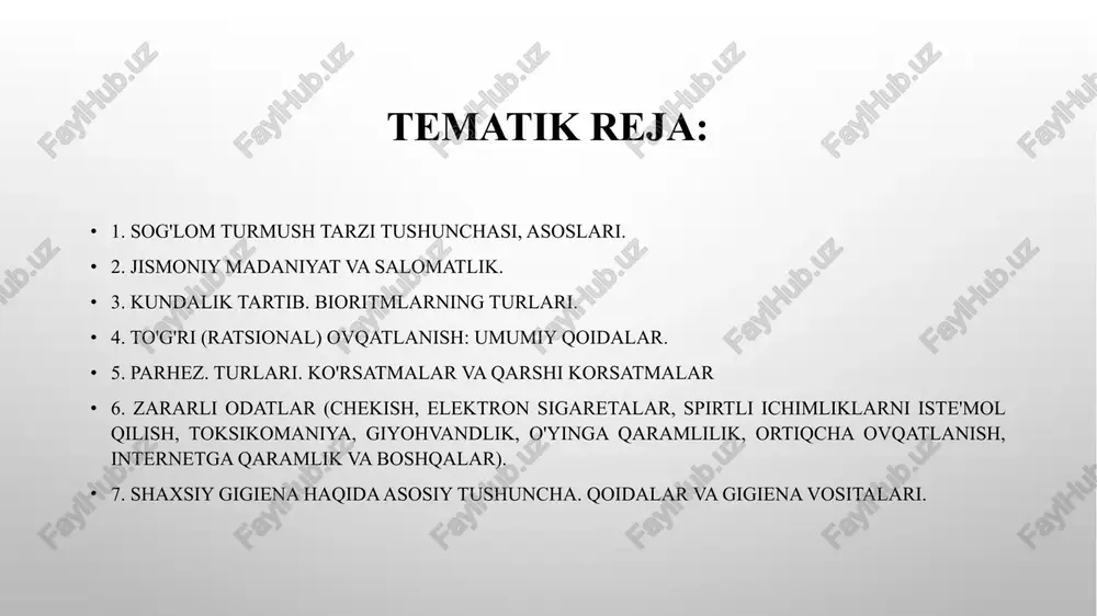 ermaslik uchun kerak. yurak-qon tomir tizimida buzilishlar mavjud bo'lsa, sezilarli zo’riqtiruvchi mashqlar yurak faoliyatining yomonlashishiga olib kelishi mumkin. kasallikdan keyin darhol mashq qilmaslik kerak. tananing funksiyalari tiklanishi uchun siz ma'lum vaqt kutishingiz kerak - shundan keyingina jismoniy tarbiya foydali bo'ladi. kundalik tartib. bioritmlarning turlari. inson tanasining biologik ritmlari millionlab yillardan buyon yer sayyorasining harakati bilan uyg’unlashib kelmoqda. yillik sikllar - sayyoraning quyosh atrofidagi harakati bilan belgilanadi; oylik sikllar- oyning yer atrofidagi harakati va ularning quyosh atrofida birgalikda aylanishi bilan belgilanadi; kunlik - yer sayyorasining o'z o'qi atrofida aylanishiga bog'liq. kundalik tartib. bioritmlarning turlari. fiziologik bioritmlar - atrof-muhit sharoitlaridan qat'iy nazar organizmning har bir hujayrasida biokimyoviy jarayonlarning uzluksiz ishlashi, nafas olish-nafas chiqarish davrlarining almashinishi, yurakning uzluksiz qisqarishi, qon aylanish tizimi va boshqa tizimlarning uzluksiz ishlashi tananing hayotiy funksiyalarini ta'minlaydi. fiziologik ritmlarning o’zgarish qobiliyati insonni ekstremal sharoitlarda ham yashash uchun moslashuvchanlik zaxirasini ta'minlaydi. kun tartibi. bioritmlarning turlari. olimlarining tasnifiga ko’ra (n.i. moiseeva …
