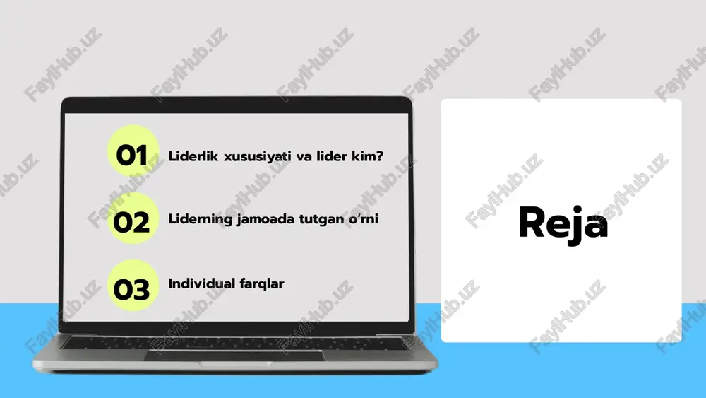 rovertlik va introvertlik liderlik uslublariga ta'sir qiladi. misollar orqali har xil shaxsiy xususiyatlar va ularning liderlikdagi o'rnini ko'rsatamiz. real hayotdan olingan holatlar, individual farqlarni tushunish, jamoa ichidagi munosabatlar va samaradorlikka qanday ta'sir etishini tahlil qilamiz. photo by helena lopes on unsplash individual farqlarni boshqarish individual farqlarni boshqarish strategiyalari jamoa a'zolarining qulay tomonlarini aniqlashga yordam beradi. boshqarish strategiyalari jamoa ichida har bir insonning o'ziga xos xususiyatlarini tushunish muhimdir. shaxsiy xususiyatlar amaliy tavsiyalar: muhokama, o'zaro fikr almashish va individual yondashuvlar. amaliy tavsiyalar 01 02 03 xulosa liderlik xususiyatlari muvaffaqiyatli jamoalarni yaratishda muhim rol o'ynaydi. har bir insonning individual farqlari liderlik uslublariga ta'sir ko'rsatadi, bu esa jamoaning samaradorligini oshirishga yordam beradi. jamoa ichida samarali liderlik uslublarini qo'llash, jamoa a'zolari o'rtasida hamkorlikni kuchaytiradi. photo by austin distel on unsplash foydalanilgan adabiyotlar 1. khamraev, i. a. liderlik xususiyatlari va ularning jamoada ta'siri. tashkent state university, 2022. 2. tashkent, l. s. jamoaviy liderlik: nazariy va amaliy …
