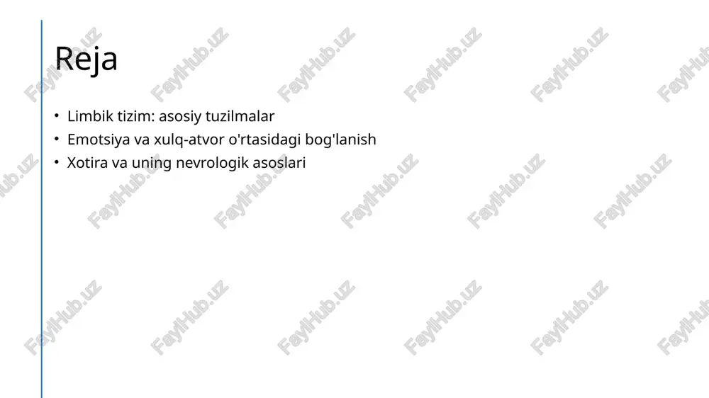 da muhim ahamiyatga ega. emotsiyalar va xulq-atvor: limbik tizimning roli. 01 emotsiyalar va xulq-atvor limbik tizim emotsiyalarni boshqaradi, ular esa xulq-atvorimizni shakllantirib, qarorlarimizga ta'sir ko'rsatadi. bu jarayonlar bir-biri bilan chambarchas bog'liq. 02 limbik tizim tuzilmalari amigdala va hipokampus kabi limbik tizim tuzilmalari emotsiyalarni qayta ishlashda muhim rol o'ynaydi. ular xotira va o'zaro munosabatlarni mustahkamlashda faol ishtirok etadi. 03 emotsiyalarning ta'siri emotsiyalar, masalan, qo'rquv yoki baxt, xulq-atvorimizga ta'sir qiladi, shuningdek, stress darajasi va qaror qabul qilish jarayonlariga ham o'z ta'sirini ko'rsatadi. 04 psixologik bog'lanishlar limbik tizim psixologik holatimizni belgilaydi. emotsiyalar va xulq-atvor o'rtasidagi o'zaro bog'liqlik, psixologik muammolarni tushunishga yordam beradi. xulq-atvorni shakllantirishda emotsiyalarning ta'siri. 1 emotsiyalar va xulq-atvor emotsiyalar inson xulq-atvorini belgilovchi asosiy omillardir. ular ko'plab holatlarda qaror qabul qilishda va ijtimoiy munosabatlarda muhim rol o'ynaydi. 2 emotsional xotira emotsional xotira, emotsiyalar bilan bog'liq xotira jarayonlarida kuchli ta'sir ko'rsatadi. kuchli emotsiyalar xotirani kuchaytiradi va muhim voqealarni saqlashga yordam beradi. 3 ijtimoiy …