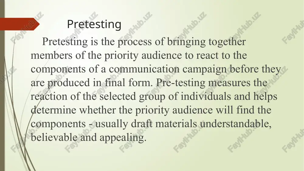t a pretest. steps step 1: outline pretest objectives to guide the pretest process, the team should develop a plan with a clear set of objectives for each component or material being tested. the objectives describe the aims of the pretest and the information to be gathered. the creative brief’s description of the priority audience, the promoted behavior and the key promise can be used to inform the pretest objectives. step 2: choose the pretest method after the pretest objectives are established, select the pretest method. choosing the right method(s), described in the table below, depends largely on the following: keep in mind that using one method might limit the assessment. the use of mixed methods (e.g. survey questionnaire and in-depth interviews) is one way to capture additional information and fill gaps. project teams should be able to articulate why they have chosen a certain method or methods for their …