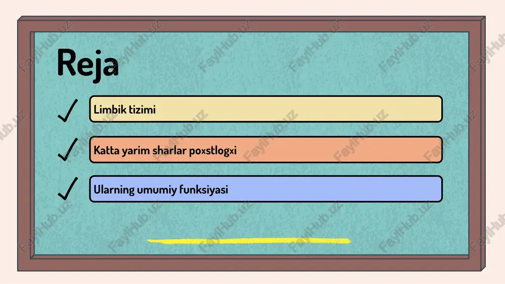 da, limbik tizim ruhiy salomatlikda muhim ahamiyatga ega, chunki u his-tuyg'ularni boshqarish va sog'lom o'rganish jarayonlarini qo'llab-quvvatlaydi. limbik tizim va stress limbik tizim stress vaqtida muhim rol o'ynaydi. u hissiy holatlarni boshqaradi va organizm tayyorgarligini oshiradi. stressni boshqarishning usullari mavjud: nafas olish, meditatsiya va jismoniy faoliyat stressni kamaytiradi. limbik tizim stressga javobda gormonal o'zgarishlarni boshqaradi, bu o'zgarishlar organizmni xavfga tayyorlaydi. limbik tizimning kasalliklari limbik tizim bilan bog'liq kasalliklar ruhiy va jismoniy muammolarga olib kelishi mumkin. ularning orasida depressiya, anksiyete, ptsd (post-travmatik stress buzilishi) va boshqa ruhiy kasalliklar mavjud. bu kasalliklar insonning hissiy holati va xulq-atvoriga ta'sir qiladi. alomatlar quyidagilarni o'z ichiga oladi: doimiy qayg'u, xavotir, xotira va fikrlash qiyinchiliklari. diagnostika jarayonida psixologik testlar va bemorning tarixini o'rganish muhimdir. davolash usullari: psixoterapiya, dori-darmonlar va sog'lom turmush tarzini o'z ichiga oladi. profilaktika uchun stressni boshqarish va ijtimoiy qo'llab-quvvatlash muhimdir. 1 2 katta yarim sharlar po‘stlog‘iga kirish katta yarim sharlar po‘stlog‘i, miyaning yuqori …