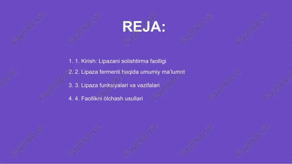 va titrlash asosiy hisoblanadi. har bir usul alohida afzallik va aniqlikka ega bo‘ladi. spektrofotometrik usul ferment reaksiyasi mahsulotini yutish xossasi asosida ishlaydi. kolorimetriya orqali rang o‘zgarishiga qarab ferment faolligi aniqlanadi. 4. faollikni òlchash usullari 01 lipaza fermentining faolligini baholashda turli substratlar qo'llaniladi, ular fermentning faoliyatiga sezilarli darajada ta’sir ko‘rsatadi va reaksiya tezligini o‘zgartiradi. 02 substratlar orasida triglitseridlar, esterlar va yog'li kislotalar mavjud bo‘lib, ularning har biri lipazaga turlicha ta'sir ko‘rsatadi va aktivlik darajasini belgilaydi. 03 substratning tuzilishi, eruvchanligi va konsentratsiyasi oshganda lipaza faolligi ortadi yoki kamayadi, bu esa ferment reaksiyalarini nazorat qilishda muhim hisoblanadi. 5. substratlar va ularning ta’siri lipaza fermentining faolligi ph darajasiga bog‘liq. har bir ferment ma’lum ph diapazonida optimal ishlaydi. lipaza kislotali yoki ishqorli muhitda o‘zgaradi. optimal ph darajasida lipaza maksimal faollik ko‘rsatadi. bu ferment achitish jarayonlarida yog‘larni parchalash uchun ayniqsa muhim hisoblanadi. 6. ph darajasining lipaza faolligiga ta'siri ph darajasining o‘zgarishi ferment strukturasini buzadi. shuning uchun …