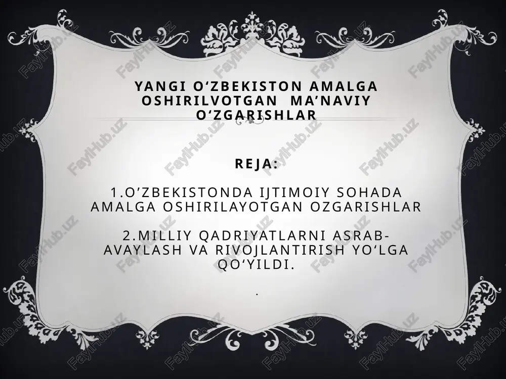 , ish bilan ta'minlash va yoshlarning ishga joylashishida muhim rol o'ynaydi. fuqarolik jamiyati va demokratiya: o'zbekistonda fuqarolik jamiyatini rivojlantirish, saylov tizimining shaffofligini ta'minlash, inson huquqlarini himoya qilish borasida bir qator o'zgarishlar amalga oshirilmoqda. fuqarolik institutlari va nodavlat tashkilotlarining faolligini oshirish, aholining siyosiy ishtirokini kuchaytirish, erkin ommaviy axborot vositalarini qo'llab-quvvatlash kabi chora-tadbirlar amalga oshirilmoqda. qishloq va shaharlarda infratuzilma rivojlanishi: shahar va qishloqlarda infratuzilma yangilanishi davom etmoqda. bu yo'nalishdagi islohotlar transport tizimi, kommunal xizmatlar va uy-joy qurilishi sohalarini qamrab oladi. qishloq joylaridagi aholi punktlarining rivojlanishi, zamonaviy infratuzilma va xizmatlarni taqdim etish hamda ekologik muammolarni hal etish bo'yicha ko'plab tashabbuslar amalga oshirilmoqda. milliy qadriyatlarni asrab-avaylash va rivojlantirish o'zbekistonning ijtimoiy-siyosiy hayotida muhim o'rin tutadi. ularning ba'zilari quyidagilarni o'z ichiga oladi: 1.milliy madaniyat va an'analarni saqlash: 2. o'zbek tilining rivojlanishi: 3. milliy taomlar va mehmondo'stlik: 4. milliy qadriyatlarni yoshlar orasida targ'ib qilish: 5. milliy ramzlar va simbolikani hurmat qilish: 6. milliy an'analar va bayramlarni nishonlash: …