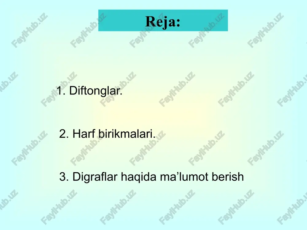 rf oldidan kelganda [si] deb o„qiladi: injectio [inyeksio] - inyeksiya ti - harf birikmasi x, s undosh harflaridan keyin kelsa [ti] deb o„qiladi: mixtio [mikstio]- aralashma sch - harf birikmasi [sx] deb o'qiladi: schizandra [sxizandra]- limonnik. lekin lotin tiliga boshqa tillardan o„tgan so„zlarda bu harf birikmasi [sh] deb o„qiladi: schostakovsky [shostakovskiy] - shostakovskiy aegrotus (egrotus) - bemor gangraena (gangrena) —tirik to‘qimalarning o‘lishi oedema (edema) - tirik to'qimalarning o'lishi. neuralgia (neuralgiya)— asab kasalligi pneumonia (pneumoniya) - o'pkaning yallig'lanish kasalligi chamomilla (xamomilla) — moychechak mentha (menta) — yalpiz, auris (auris) - quloq lingua [lingva] - til injectio [inyeksio] - in‟yeksiya uyga vazifa e'tiboringiz uchun rahmat