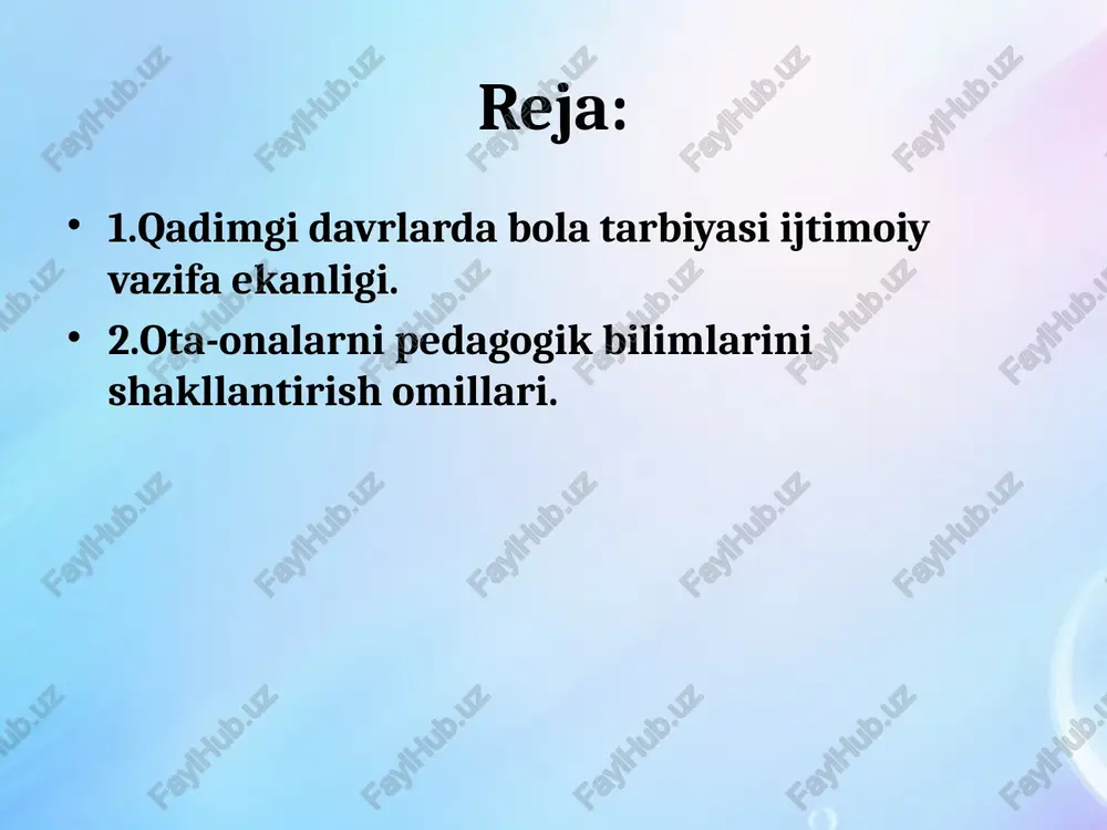 voyaga yetishlari uchun mustahkam poydevor yaratishda yordam beradi. ongli ota-onalik oyligining yakunida bebbo innovasion mobil ilova ishga tushiriladi. o‘zbekistonda bu turdagi birinchi raqamli vosita ota-onalarga bolalarning o‘sishi, rivojlanishi va farovonligini qo‘llab-quvvatlash borasida o‘z vaqtidagi va sifatli tavsiyalarni taqdim etadi. hali ham davom etayotgan covid-19 pandemiyasi cheklovlari sababli ijtimoiy xizmat ko‘rsatuvchilar bilan bevosita muloqotning iloji bo‘lmagan yoki murakkablashgan davrda bu ayniqsa muhimdir. ota-ona quyidagi huquqlarga ega: o’z bolalari uchun talim-tarbiyani, davlat maktabgacha talim uchun talim berish tilini belgilash; davlat talim-tarbiya uchun bolalar uchun zarur shart-sharoit yaratilishini hamda unga nisbatan hurmat bilan munosabatda bulishini talab qilish; bolalarni maktabgacha talim olishdan olib tashlash huquqqa ega. ota-onalar qonun hujjatlariga va urinishlariga ega boshqa huquqlarga xam bo’lishlari mumkin. belgilangan normativlarga muvofiq bolaning davlat maktabgacha taʼlim muassasasida boʼlgan davri uchun badal toʼlovini oʼz vaqtida toʼlash; bolalarning toʼlaqonli ovqatlanishini, ularda shaxsiy gigiena koʼnikmalari shakllantirilishini qatʼiy kuzatib borish, bolani davlat maktabgacha taʼlim muassasasiga ozoda kiyingan holda olib kelish. …