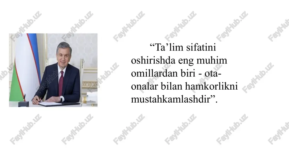 ’lim sifatini yaxshilashga erishish vazifalar maktabda e’tiborsiz ota-onalar munosabatidagi muammolari yechimida mahalla faollarining maslahatlariga amal qilish maktab psixologlari tomonidan befarq ota-onalarga so‘rovnomalar asosida treninglar o‘tkazish bolalarning qobiliyatlari va ularning xatti-harakatlariga ota-onalarni beparvolik yoki past baho berish kabi yondashuvlardan xalos etishga erishish muammo va yechim muammolarni birgalikda hal qilish maslahat kengashlari: ota-onalar va pedagoglardan tashkil topgan maslahat kengashlari tuzish. fikrlash guruhlari: o‘quvchilarning muammolarini hal qilish uchun maxsus fikrlash guruhlari tashkil qilish, bu guruhlarga ota-onalar va pedagoglar jalb qilinadi. bolalarning atigi 2% ota-onalari haqida ota-onalik talablarini bajarishda yaxshi emasligini aytadilar. o‘smirlarning (14-17 yosh) aksariyati ota-onalari buni juda yaxshi bajarmoqda deb o‘ylashadi, faqat 6 %lari yaxshi muloqot qila olmasligini his qilishar ekan. amerika oilada bola yaxshi bilim olishi uchun barcha shart-sharoitlar yaratib beriladi. ular bolalari o‘qishida yordam berish uchun juda ko‘p o‘qiydilar, maktab o‘quv dasturini mukammal o‘rganib oladilar. bolalar tarbiyasida onalarning roli va mas’uliyati katta. onalar farzandlarini to‘g‘ri tarbiyalash uchun maxsus onlayn maktabda …