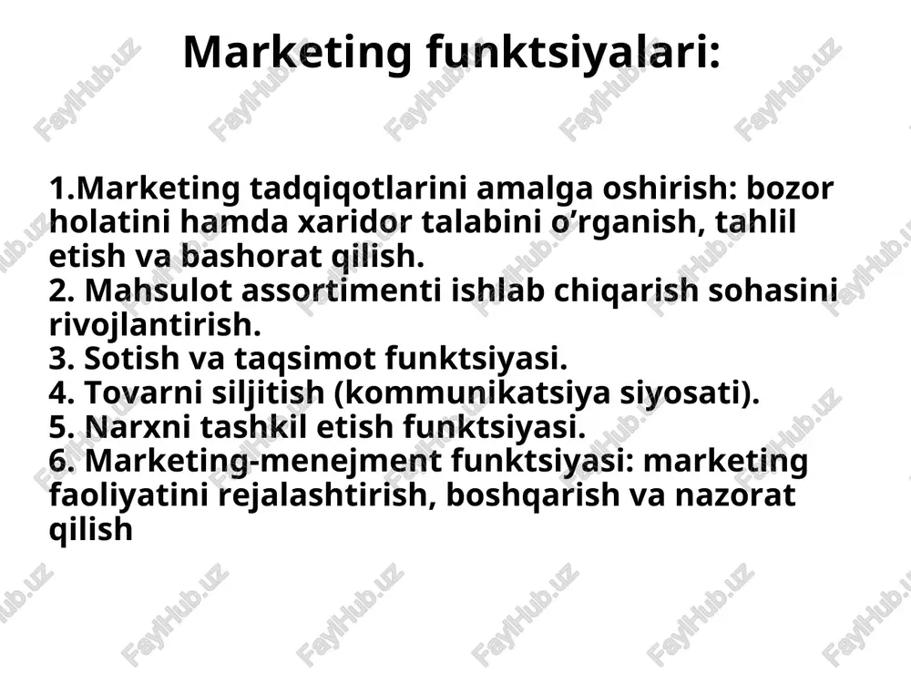 ladi. sinxromarketing – mavsumiy tovar va xizmat turlariga talabning o‘zgarishi davrida qo‘llaniladi. egiluvchan narxlar, boshqa segment iste’molchilariga o‘tish, sotuvni rag‘batlantirish, mavsumiy talab tebranishlarini silliqlashga yordam beradi. qo‘llab — quvvatlovchi marketing – firma o‘z tovarlariga shakllangan talabdan qoniqqan davrda ishlatiladi. firma raqobat sharoitida mavjud talabni ushlab turish uchun tovarning dizayni, qadog‘i, sotuv joylarini yangilash kabi vazifalarni bajarishi kerak demarketing – bozorda haddan tashqari yuqori talab bo‘lib, resurslar taqchil vaqtda qo‘llaniladi. bunday vaqtda talabni cheklash orqali, masalan barchaning ma’lum oziq-ovqat tovarlariga bo‘lgan talabi qoniqtiriladi. sotish jarayonida kartochkalar, talonlar, kuponlar orqali talab cheklangan holda mahsulotlar sotiladi marketingning bosh vazifa-si – korxonaning mavjud va potentsial imkoniyatlarini baholash va amalga oshirish hamda bozorda talab va taklifni muvofiqlashtirish maqsadida imkoniyatlarni aniqlashdan iborat. marketingda axborot axborot – bu, odamlar muloqotining vositasi, u orqali biz atrof-muhit va unda sodir bo’layotgan hodisalar haqidagi ma’lumotlarni olamiz. mavjud axborot manbalari: shaxsiy manbalar (oila a’zolari, do’stlar, qo’shnilar, tanishlar) tijorat manbalari (reklama, sotuvchilar, …