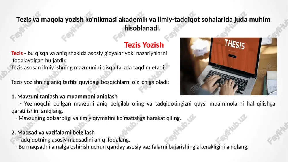 niqroq ifodalay olasiz. ilmiy maqola yozish ilmiy maqola yozish jarayoni muayyan qoidalarga rioya qilgan holda amalga oshiriladi. quyida maqola yozish tartibiga oid bosqichlar keltirilgan: 1. mavzu tanlash va maqsadni belgilash - maqola uchun dolzarb va ilmiy ahamiyatga ega mavzuni tanlang. - maqsadni aniq belgilang: maqolangiz o'quvchiga qanday yangi ma'lumot berishi yoki qaysi muammoni yechishi lozimligini ko'rsating. 2. reja tuzish - maqolani yozishdan oldin reja tuzing, bunda asosiy g'oya, tadqiqot savollari va asosiy fikrlarni belgilash muhim. - reja orqali maqolaning ichki tuzilishi, ya'ni kirish, asosiy qism va xulosa qismlarini tashkil eting. 3. kirish (maqolaga kirish qismini yozish) - mavzu va muammo: mavzuni tanishtiring, uning dolzarbligini va ilmiy ahamiyatini qisqacha yoritib bering. - maqsad va vazifalar: maqsadni aniq bayon qiling va tadqiqotingizga bog'liq asosiy vazifalarni keltiring. - predmet va ob’ekt: tadqiqotingizning predmet va ob’ektini belgilang. - tadqiqot metodlari: maqolangizda qanday metodlar ishlatilgani haqida qisqacha ma'lumot bering. 4. asosiy qism (tadqiqot natijalarini bayon …