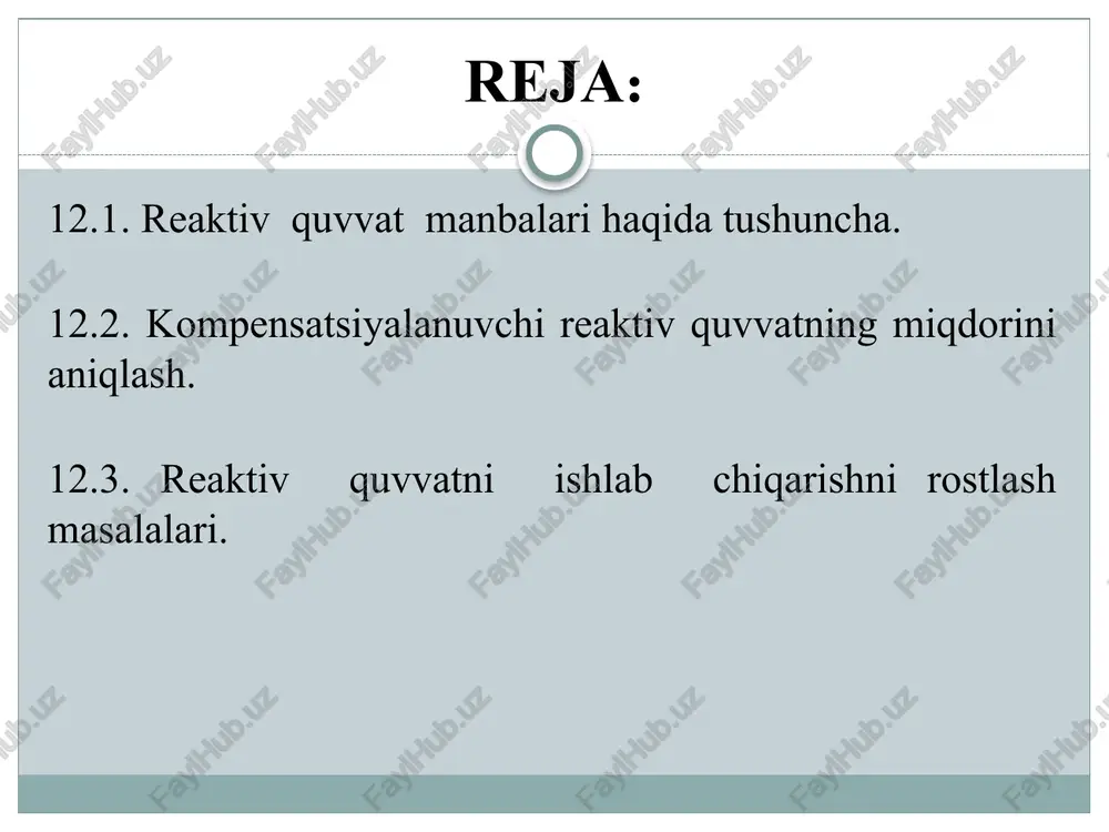 ng ishlatishiga asosiy sabablar quyidagilardan iborat: aktiv quvvatning solishtirma isrofi 0,005 kvt/kvar gacha kichik bo`lishi mumkin; ekspluatatsiyasi va montaj ishlari oson bajariladi; narxi nisbatan arzon; massasi yengil; shovqinsiz ishlaydi; kondensator batareyasini iste’molchilar guruhining joylashgan maydoniga o`rnatish mumkin. kondensator batareyalarining kamchiliklari: yong`indan xavfliligi, qoldiq zaryadning mavjudligi; o`ta kuchlanish va tokning sakrashlariga sezgirligi; generatsiya qilinayotgan quvvat miqdorining kuchlanishga uzviy bog‘liqligi (q=u2wc). 12.2-rasm. reaktiv quvat manbalari. kondensator batareyalari uch fazali tarmoqqa uchburchak shaklida ulanadi. bunday ulanganda har bir elementdagi kuchlanish qiymati yulduz sxema bo‘yicha ulanishga nisbatan 3 marotaba katta bo‘lib, ishlab chiqarilayotgan reaktiv quvvatning miqdori esa, 3 marotaba ortiq bo‘ladi. kondensatorlar tarmoqdan uzilganda qoldiq zaryad avtomatik ravishda aktiv qarshilikka razryadlanishi kerak. zaryadsizlovchi qarshilik sifatida 6-10 kv kuchlanishlarda ikkita bir fazali kuchlanish transformatorlari, 0,38 kv kuchlanishda cho`g`lanuvchi lampalar ishlatiladi(ushbu rasmda). elektrotexnika sanoat korxonalarida kondensatorlar batareyalarga birlashtirilib komplekt kompensatsiyalovchi qurilmalar tarzida ishlab chiqariladi. quyidagi jadvalda ishlab chiqarilayotgan 380 voltli ayrim kompleks kondensator qurilmalarning texnik xarakteristikalari …